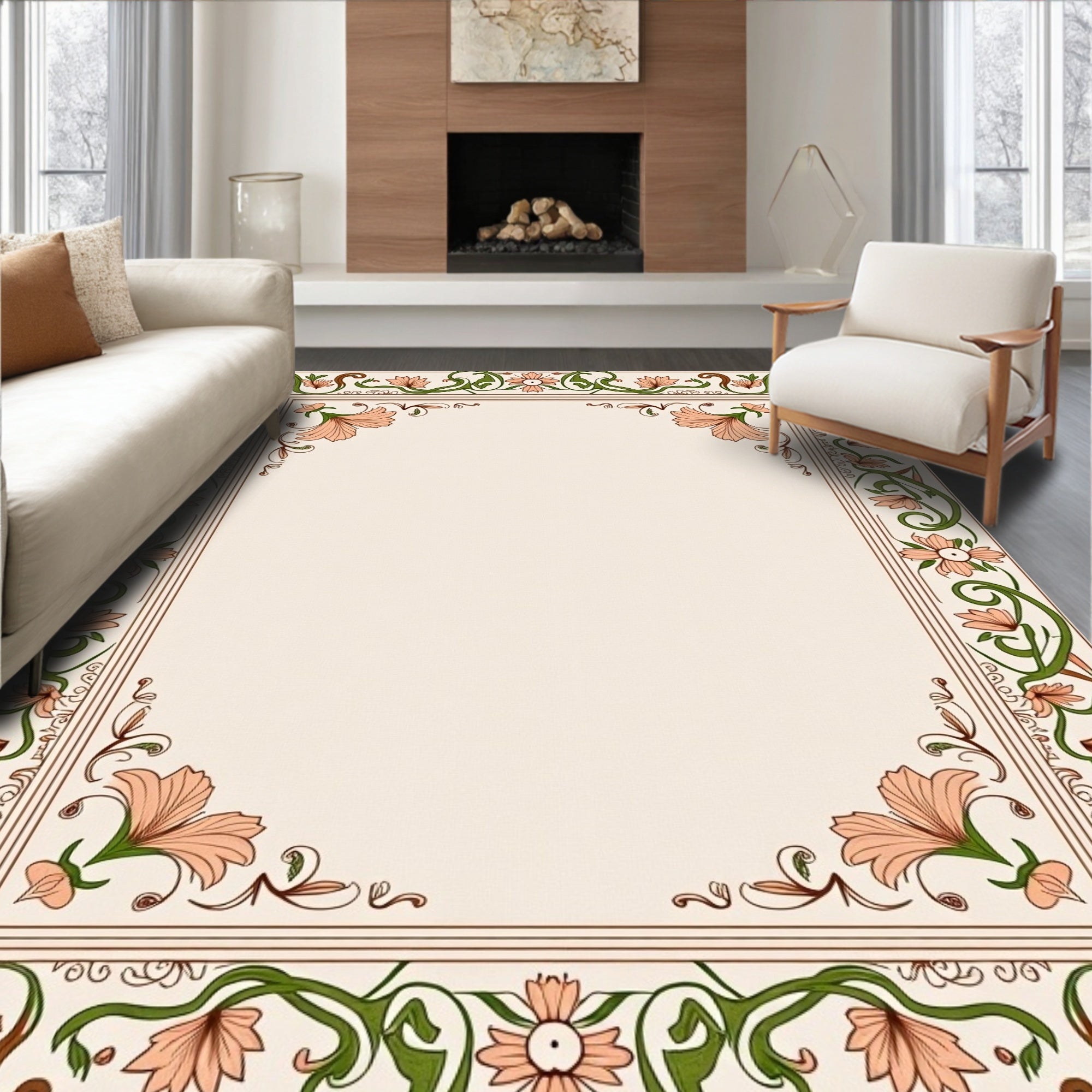 Coral Floral Vine Border Rug