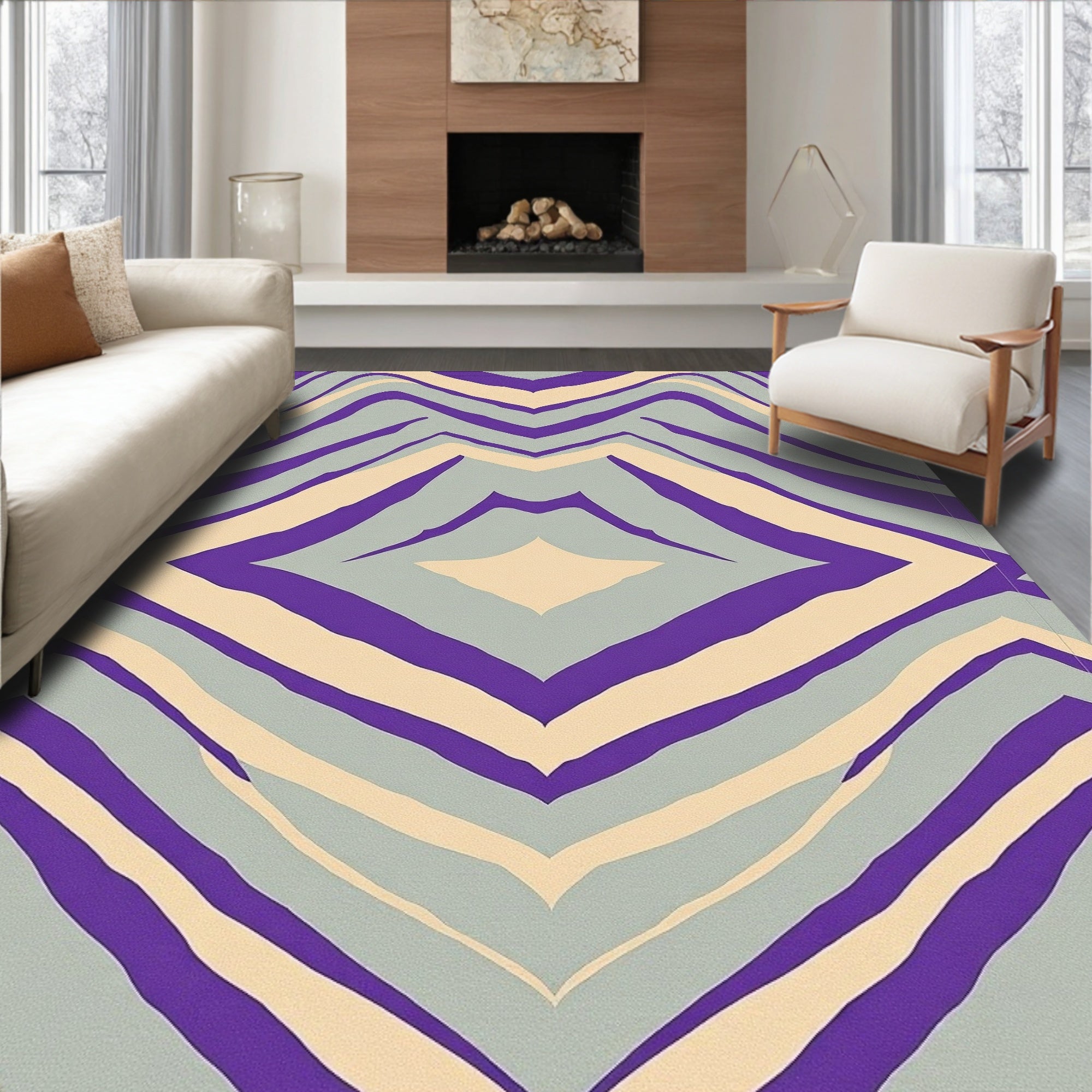 Purple Cream Zigzag Abstract Swirl Rug