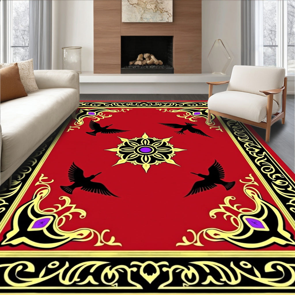 Rich Red Black Gold Bird Medallion Rug