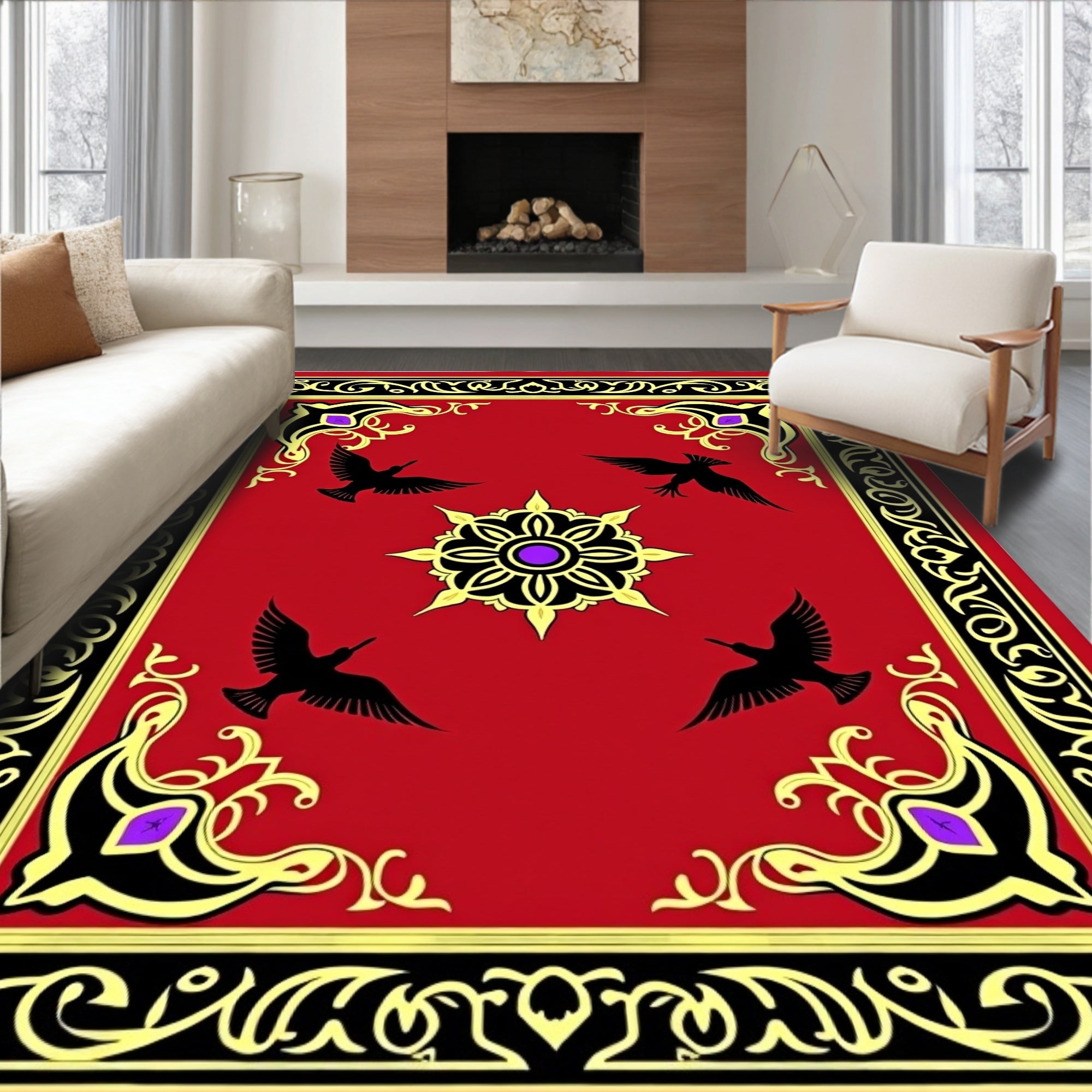 Rich Red Black Gold Bird Medallion Rug