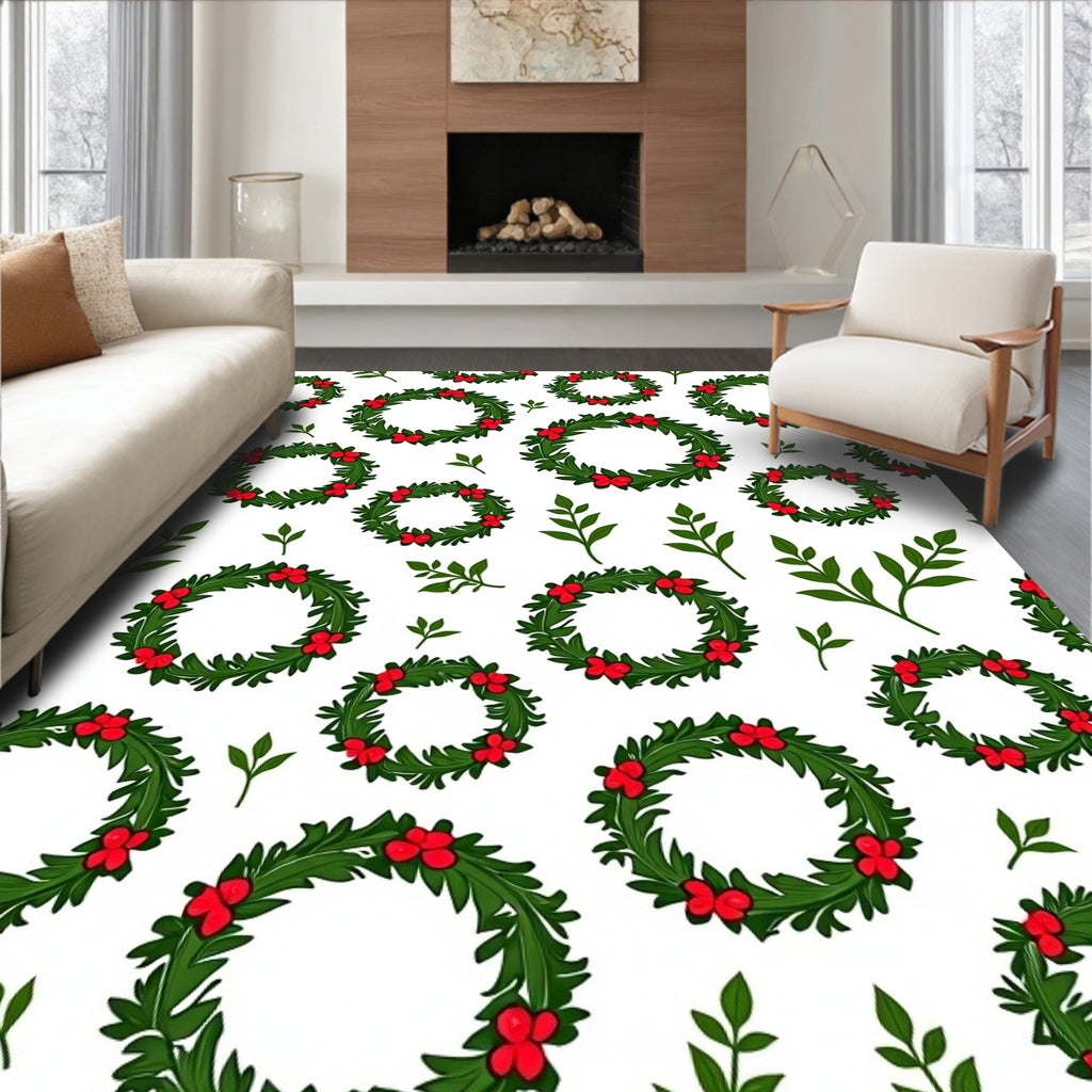 Green Wreaths With Red Berries Rug