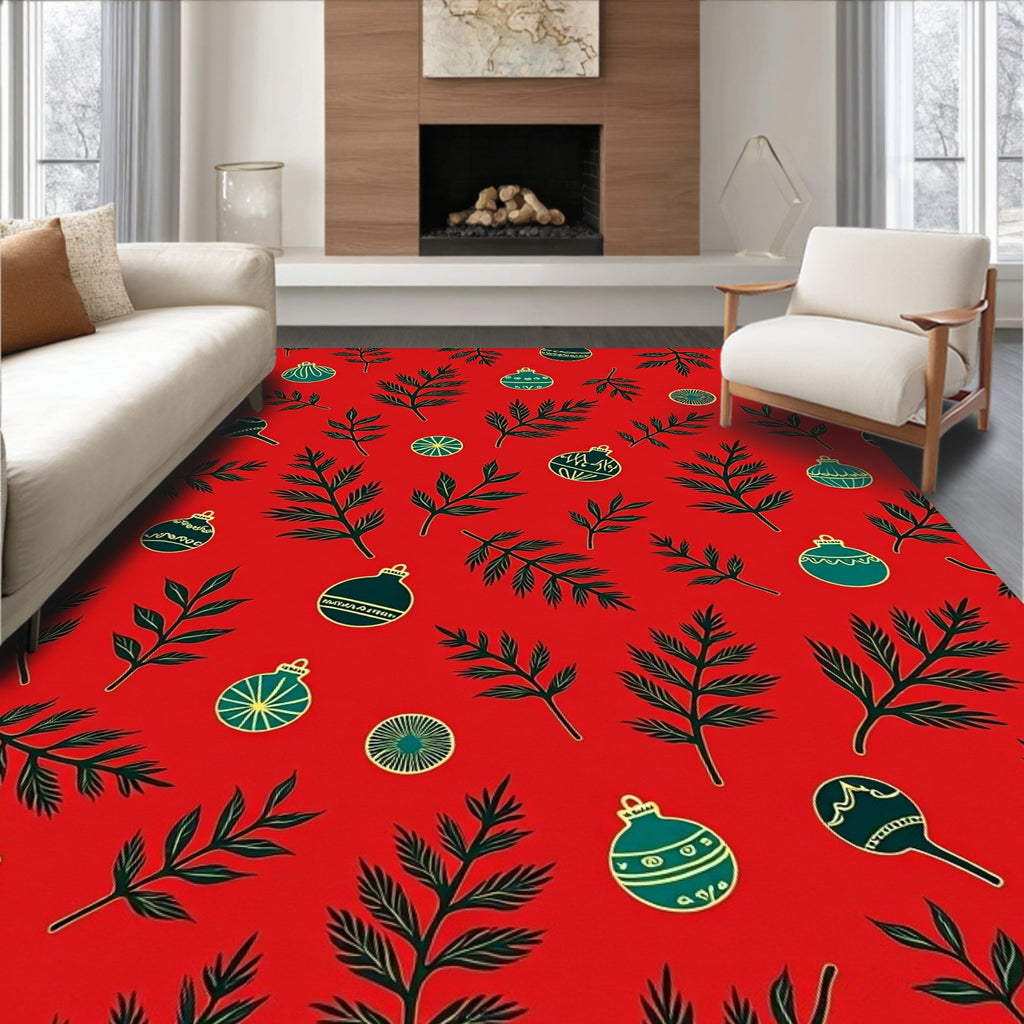 Red Cyan Evergreen Merry Christmas Ornaments Rug