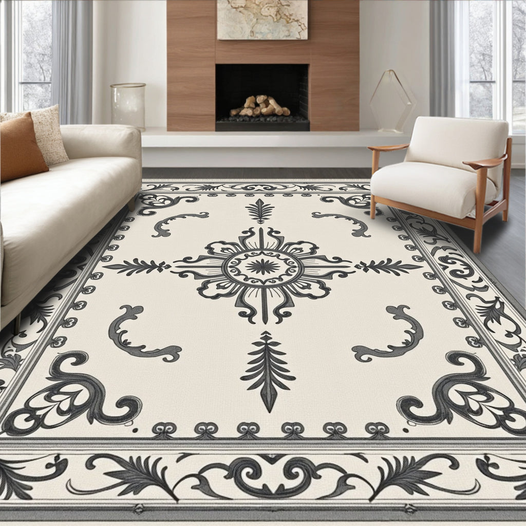 Classic Black Ivory Medallion Scroll Rug
