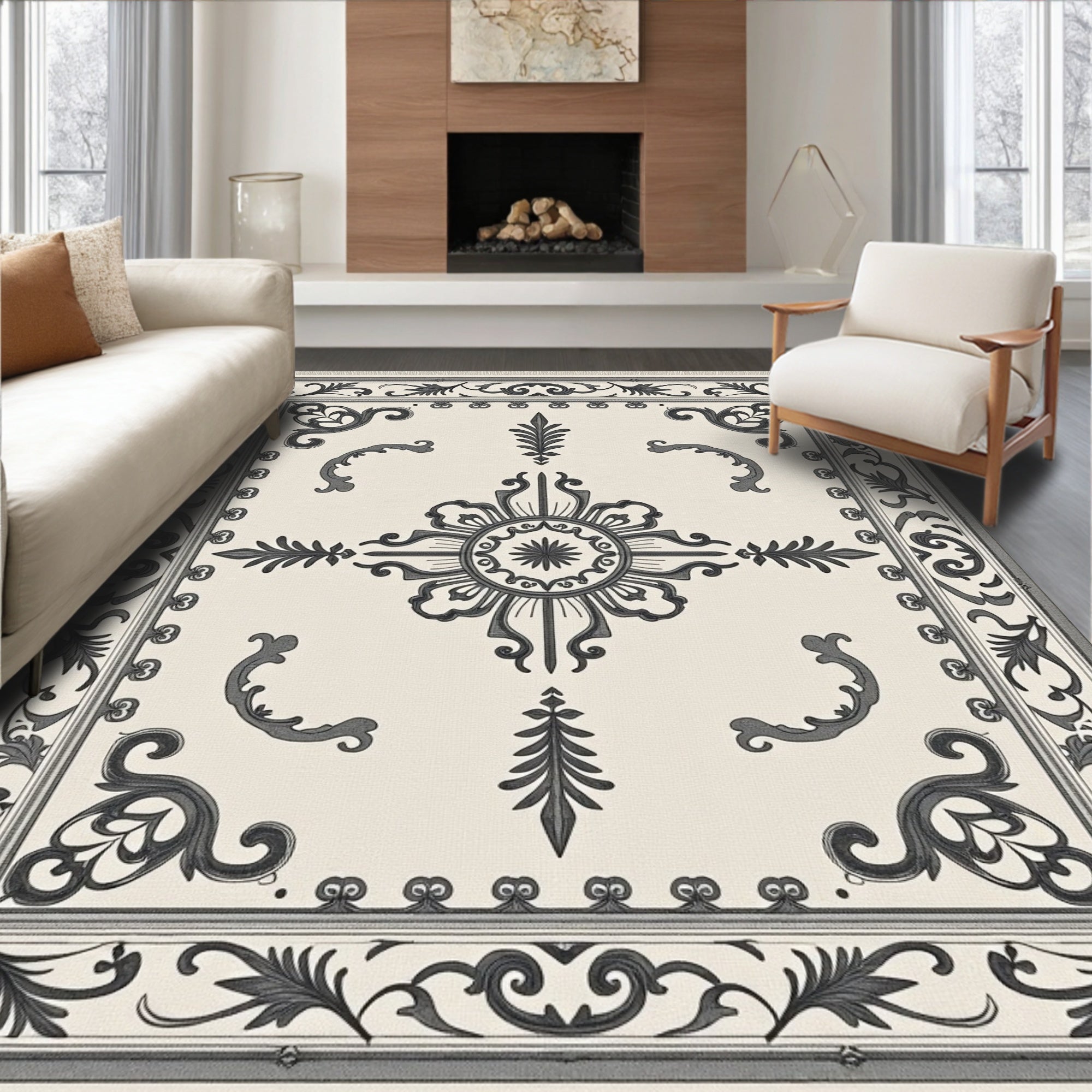 Classic Black Ivory Medallion Scroll Rug