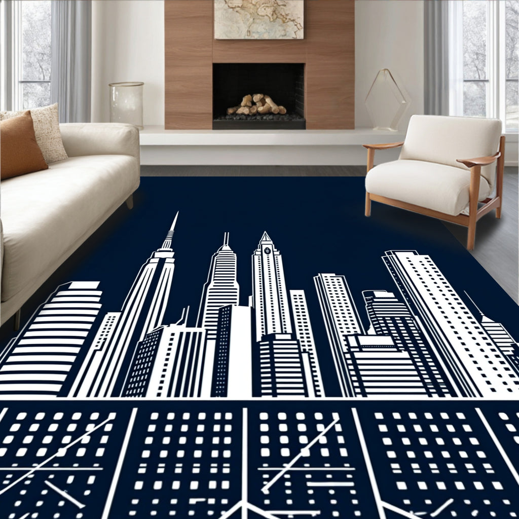 White Cityscape Silhouette Dark Background Rug