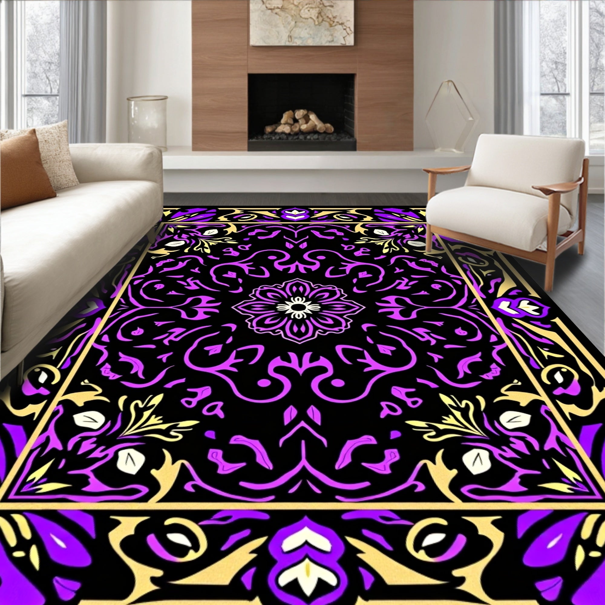 Purple Gold Black Floral Medallion Border Rug
