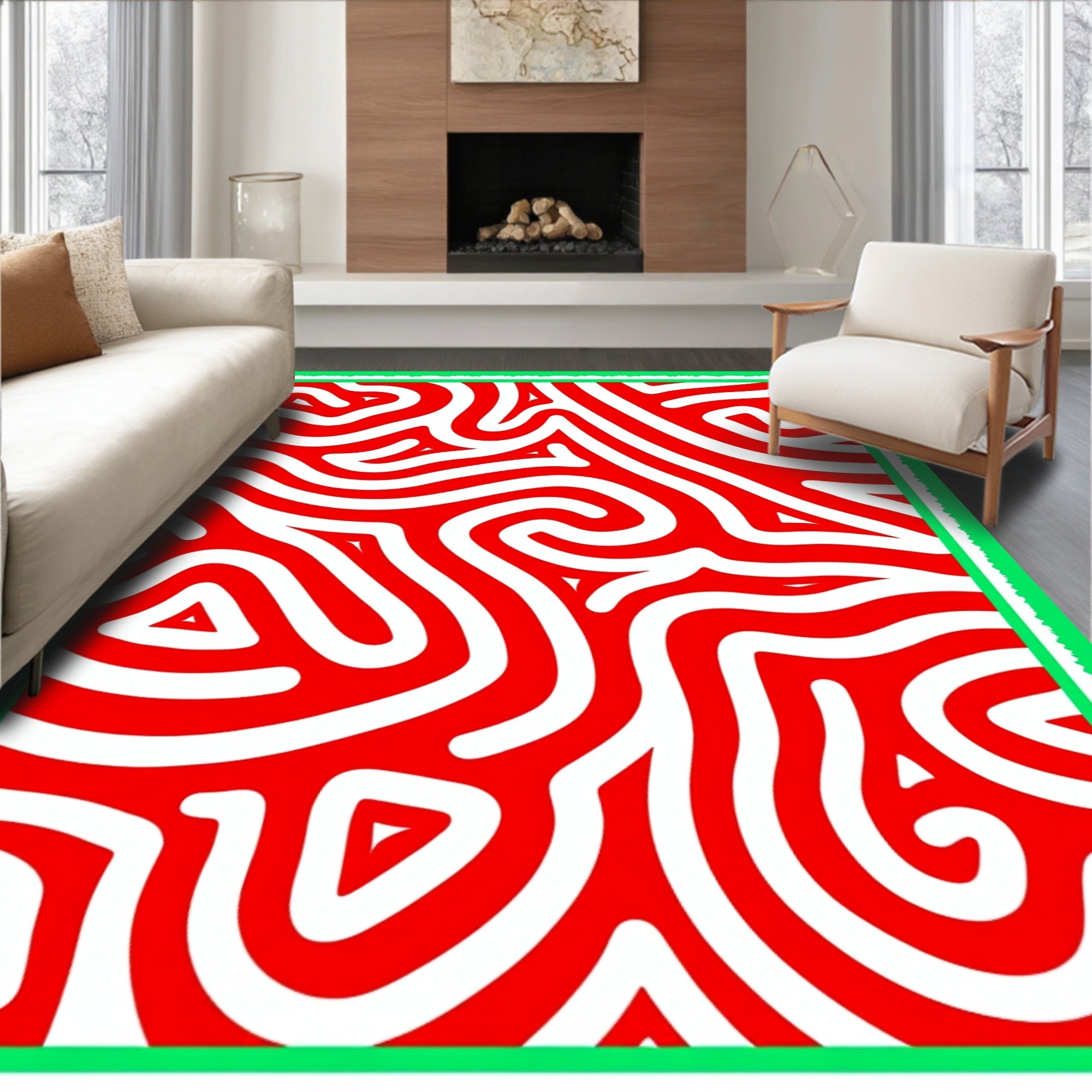 Bold Crimson White Labyrinth Rug
