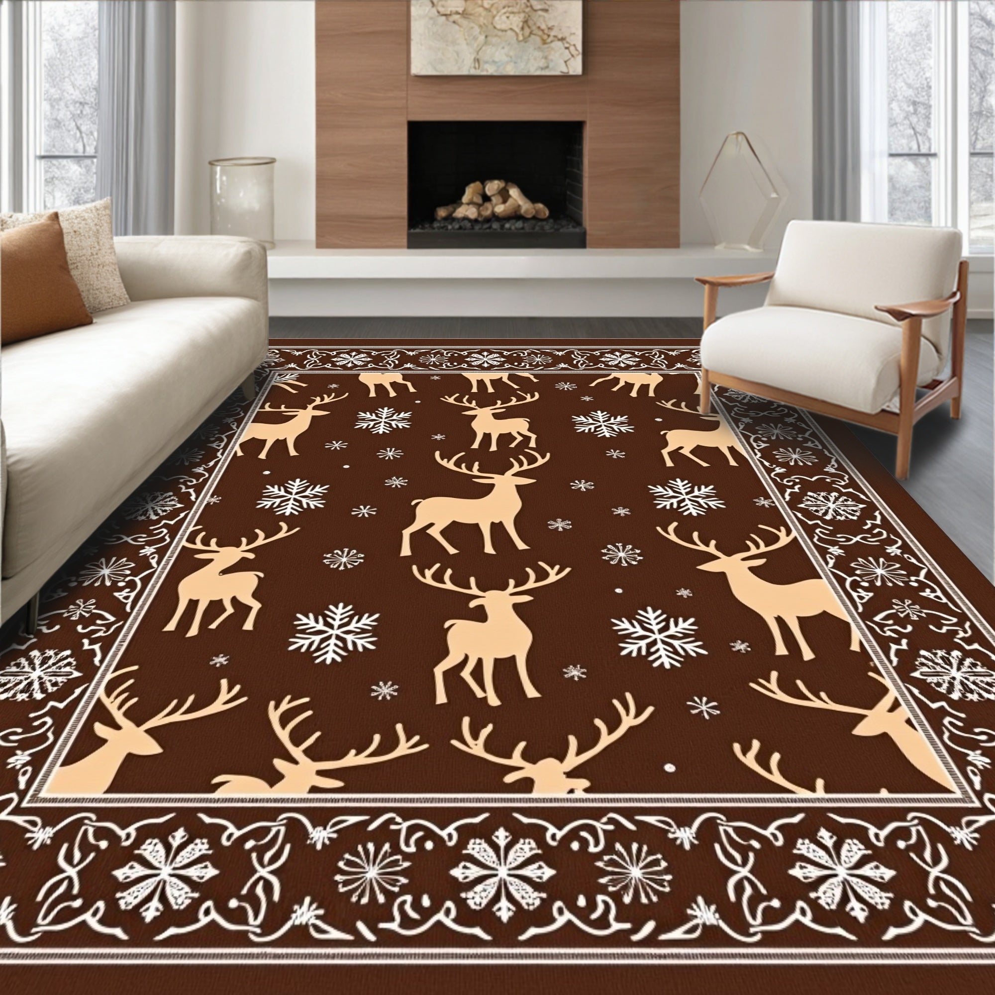 Brown Tan Reindeer Snowflake Border Rug