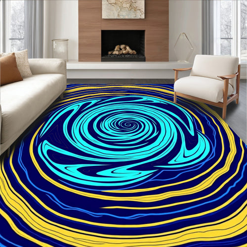 Aqua Blue Swirl Yellow Ring Rug