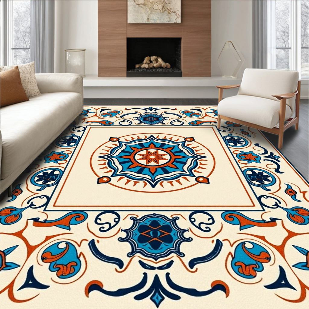 Ornate Cobalt Crimson Medallion Cream Rug