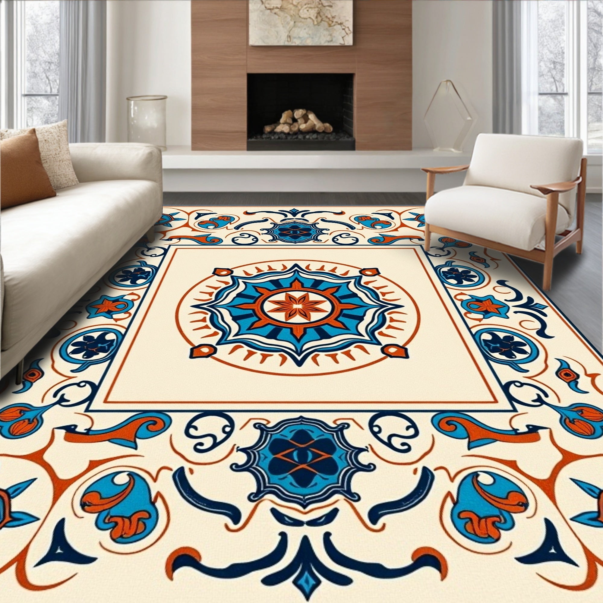 Ornate Cobalt Crimson Medallion Cream Rug