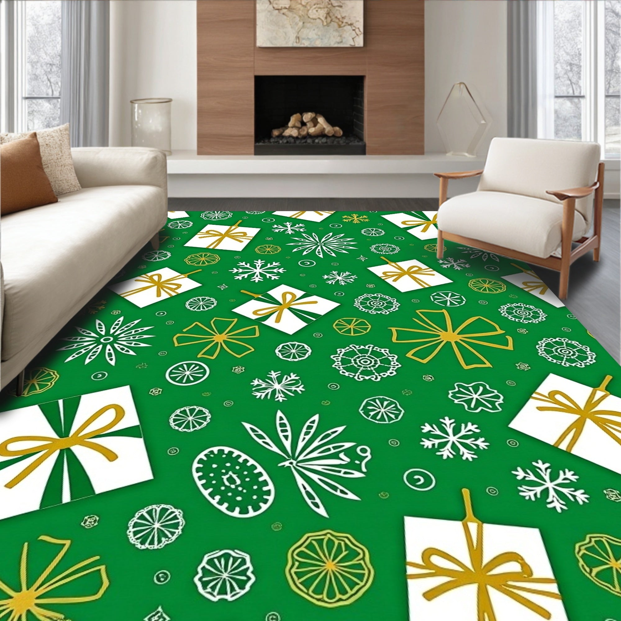 Green Golden White Gift Snowflakes Ornaments Rug