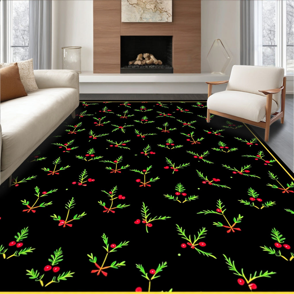 Festive Holly Berry Sprigs Red Ribbon Rug
