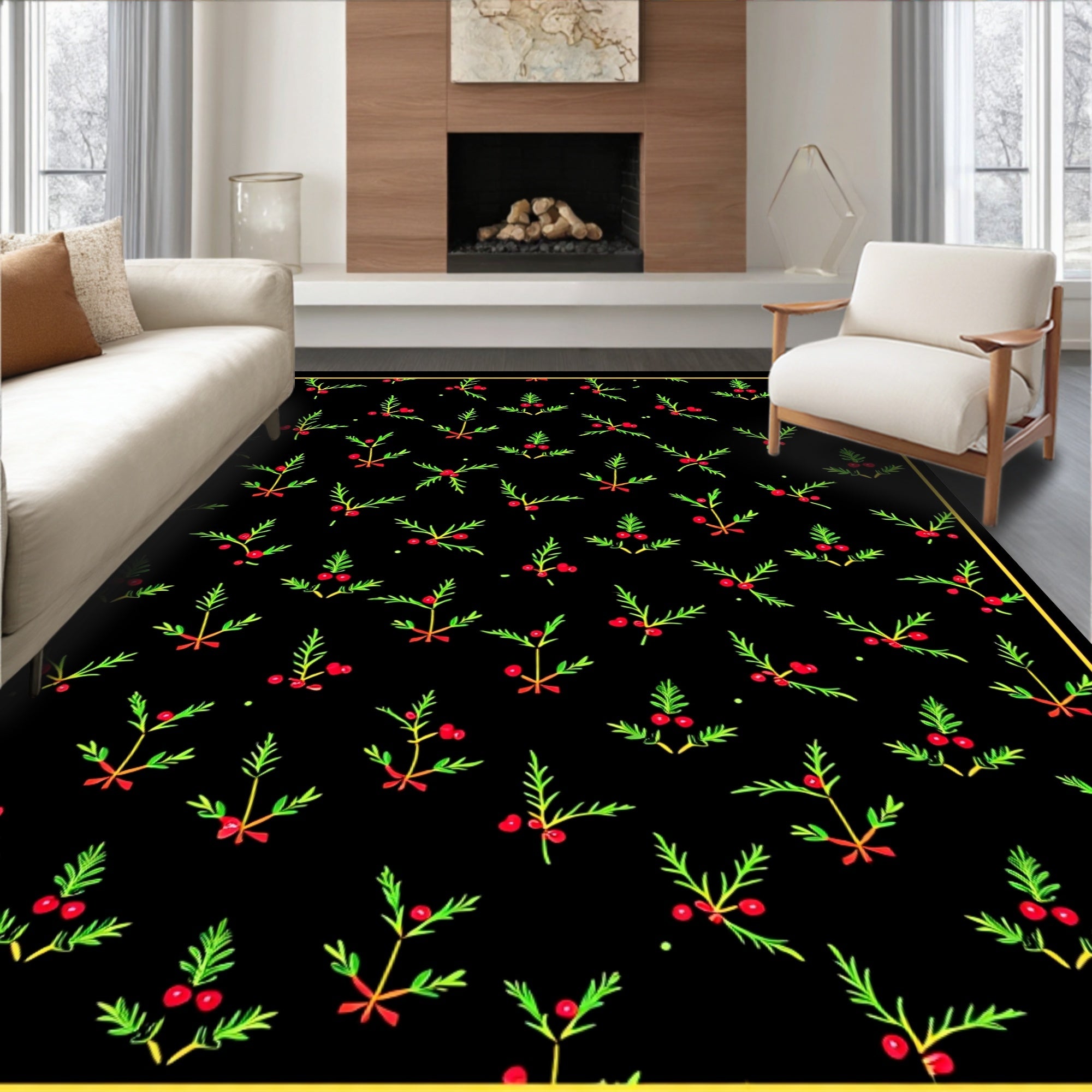 Festive Holly Berry Sprigs Red Ribbon Rug