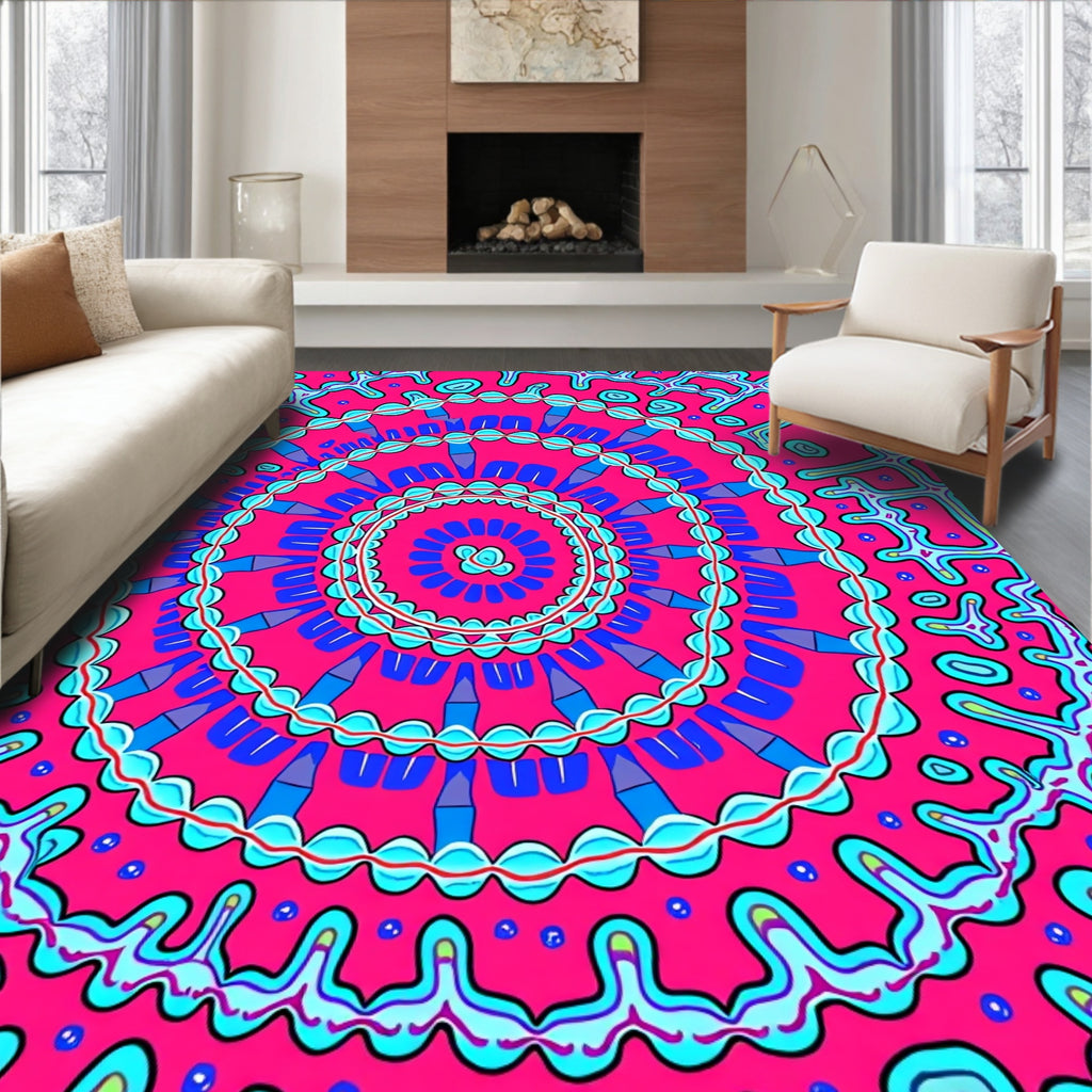 Vibrant Pink Blue Medallion Circular Art Rug