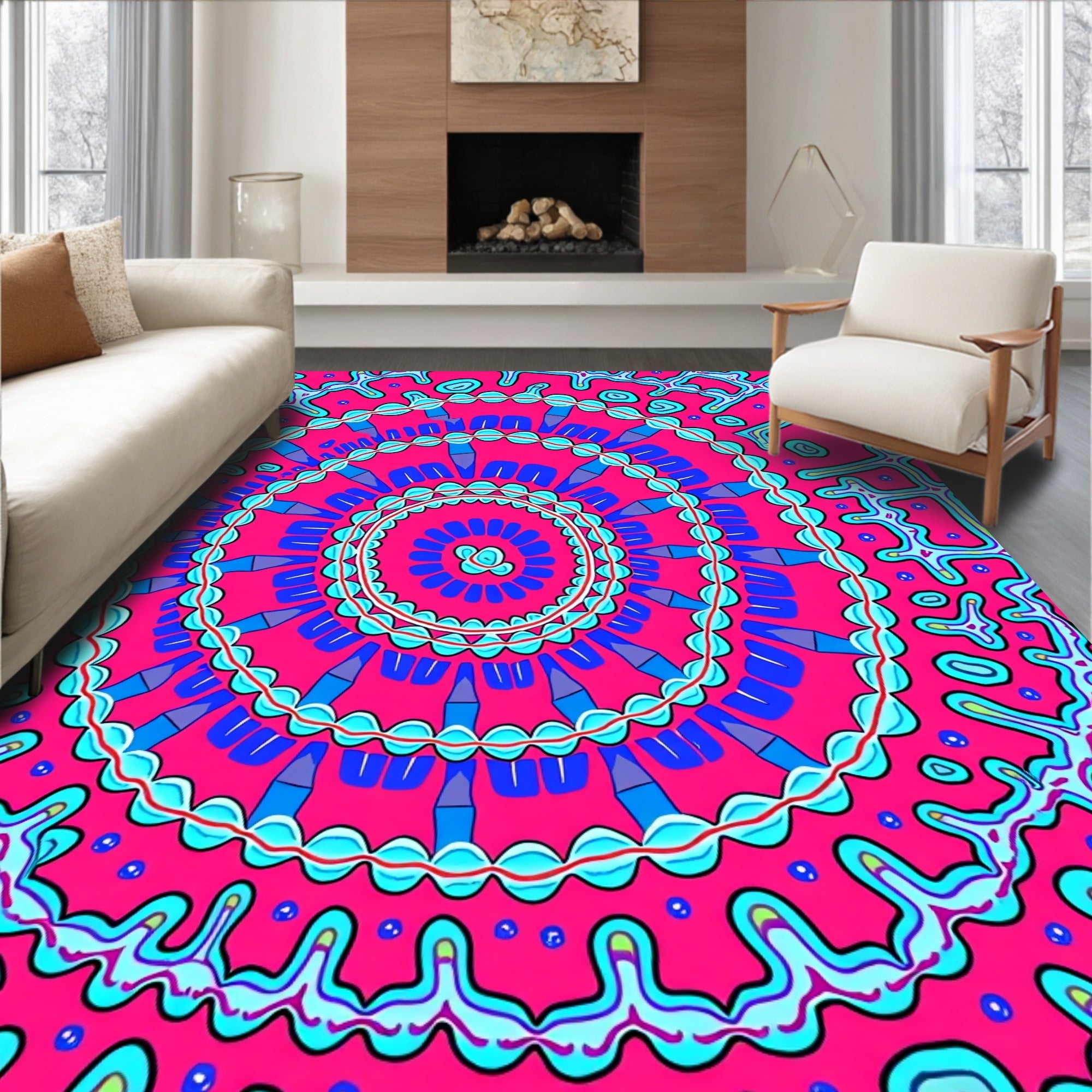Vibrant Pink Blue Medallion Circular Art Rug