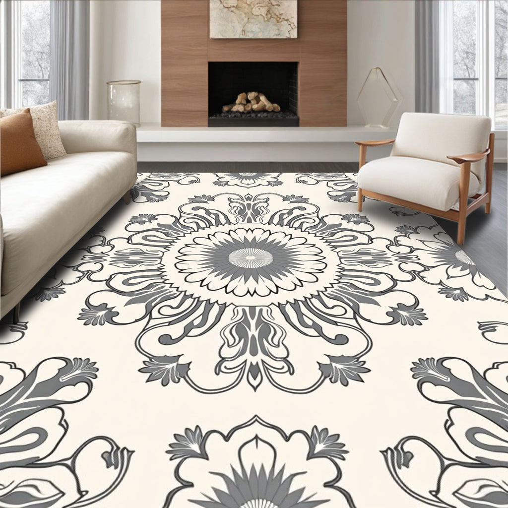 Gray Floral Medallion Cream Background Rug
