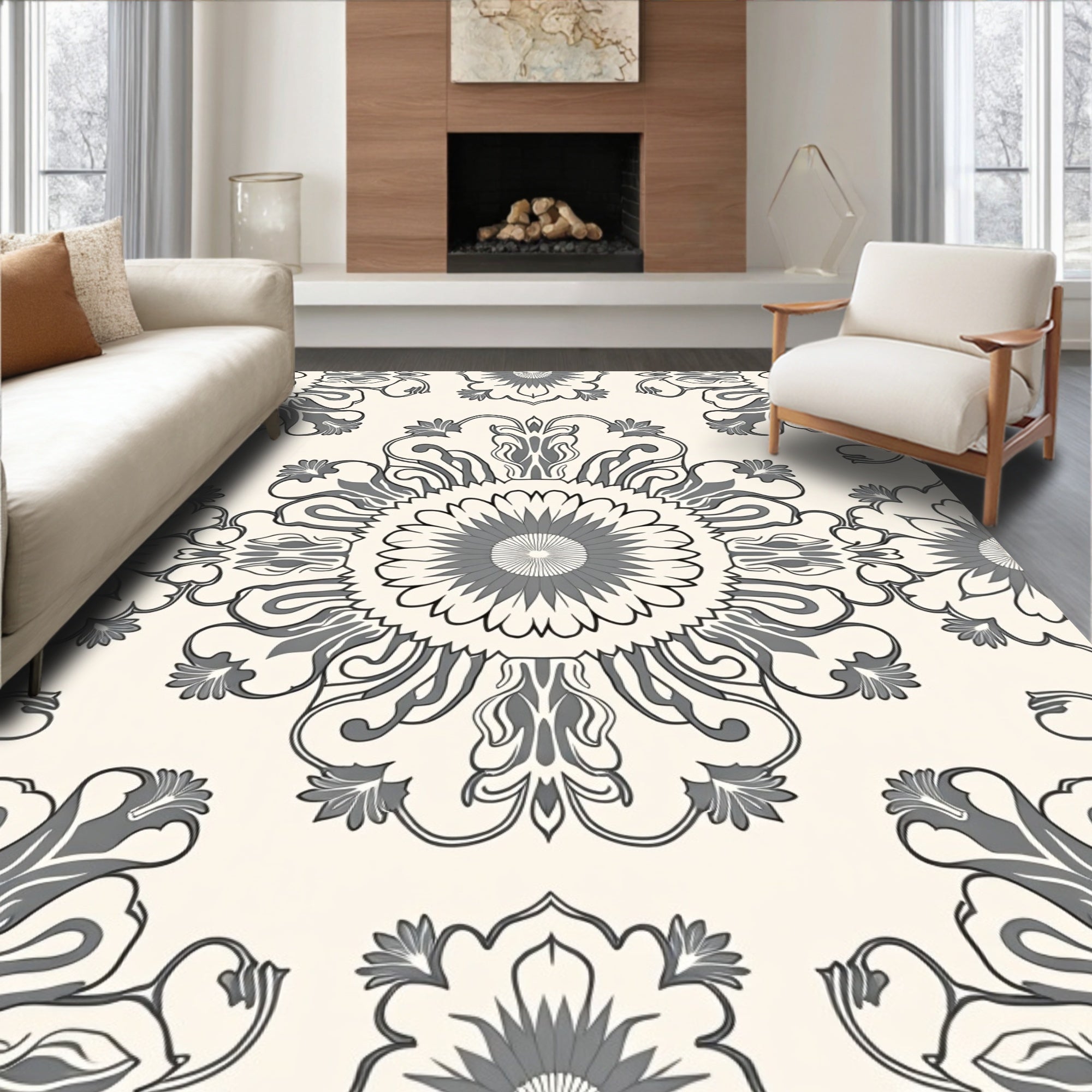 Gray Floral Medallion Cream Background Rug
