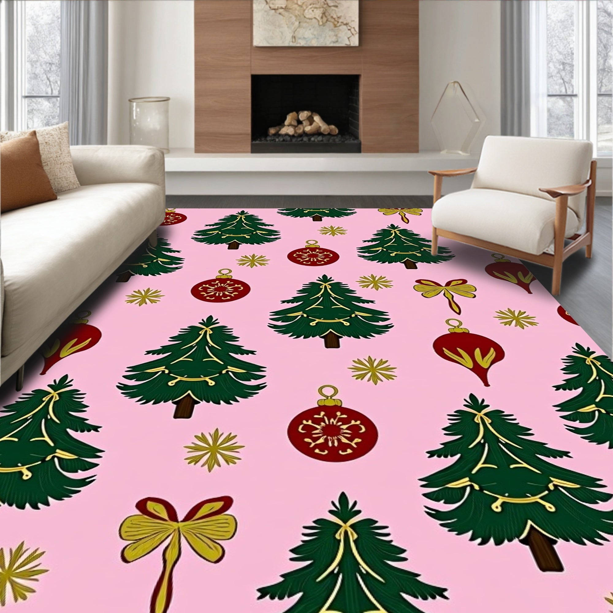 Pink and Green Christmas Tree Ornaments Rug