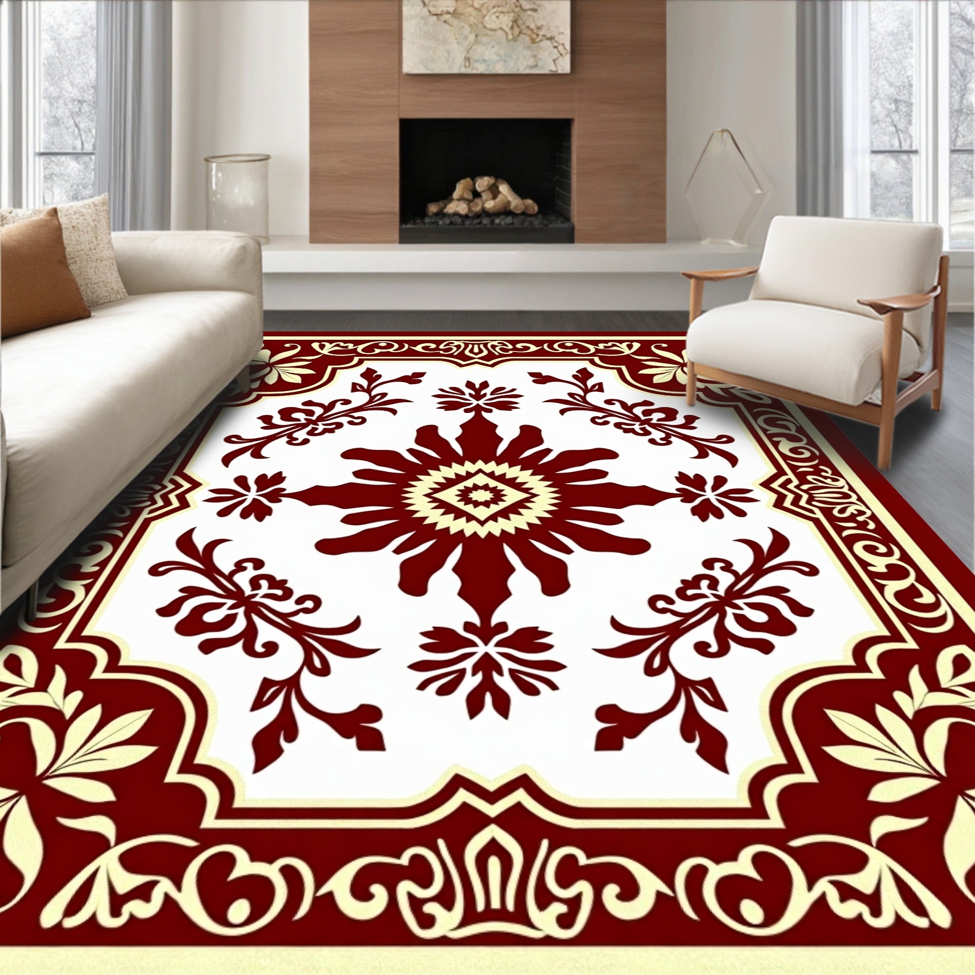 Crimson Ivory Floral Medallion Square Rug