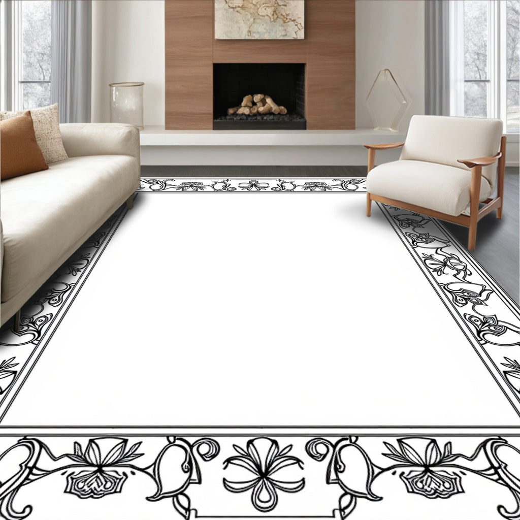 Ornate Black Floral Scrollwork Frame Rug
