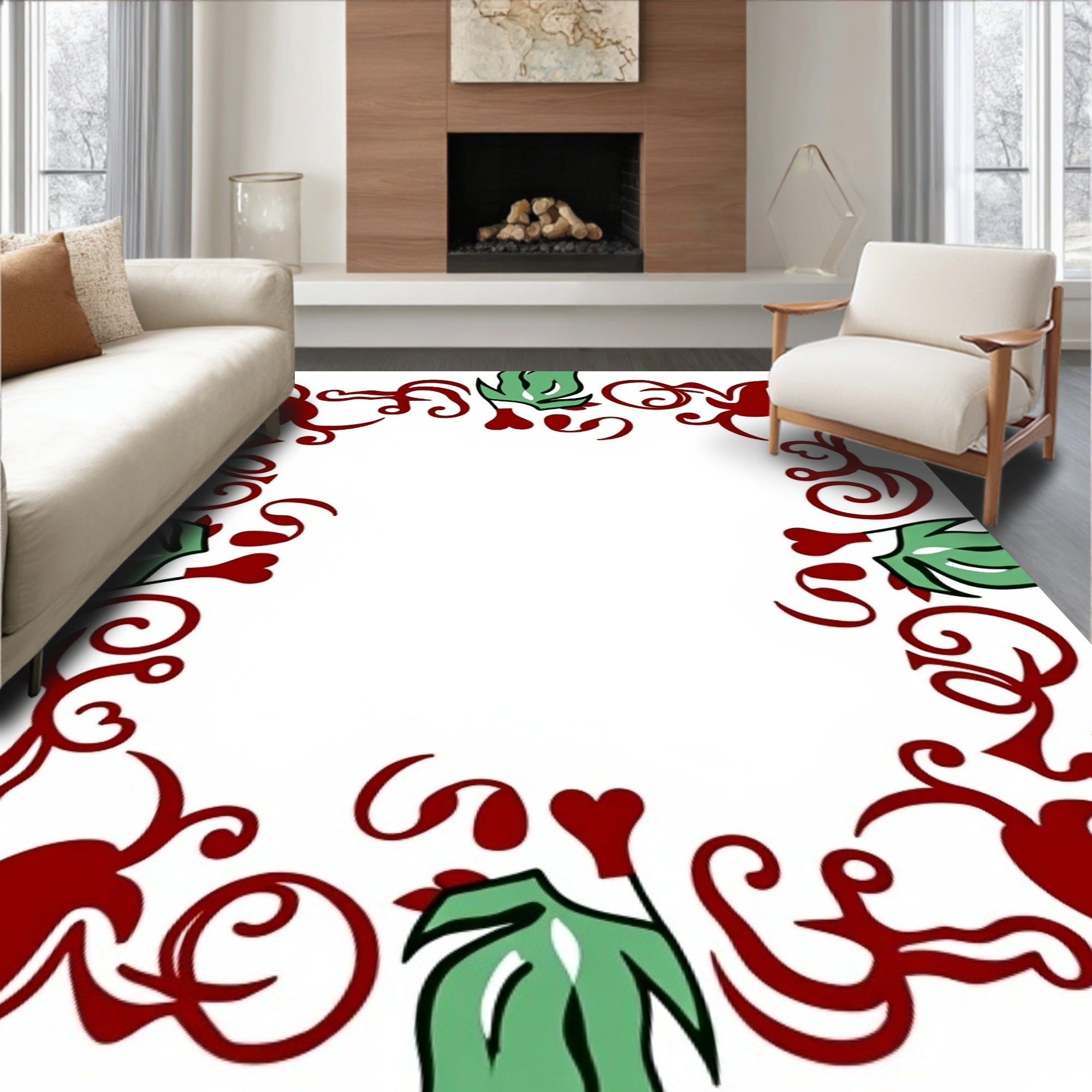 Crimson Green Floral Vine Border Rug