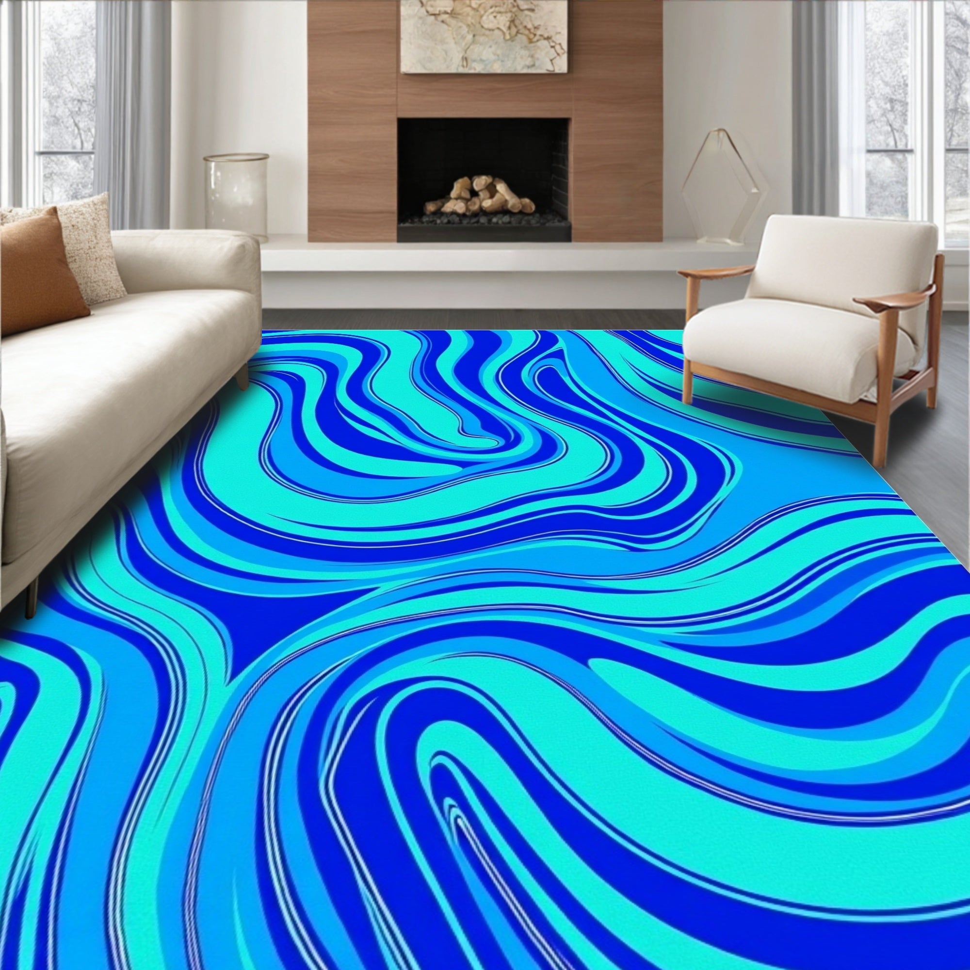 Oceanic Blue Swirl Abstract Rug