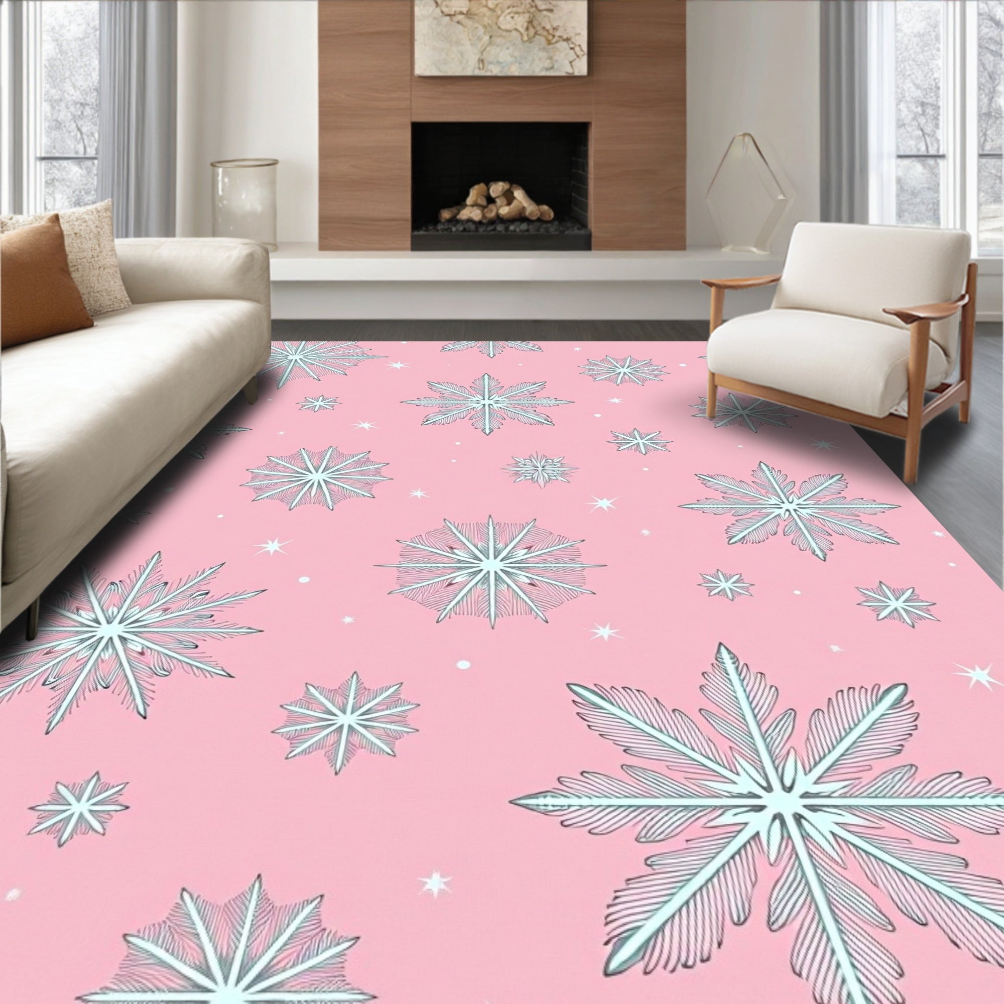 Pink Snowflake and Star Festive Rug