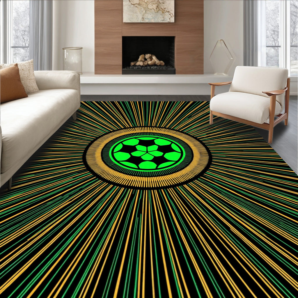 Neon Green Soccer Sunburst Radiating Rug