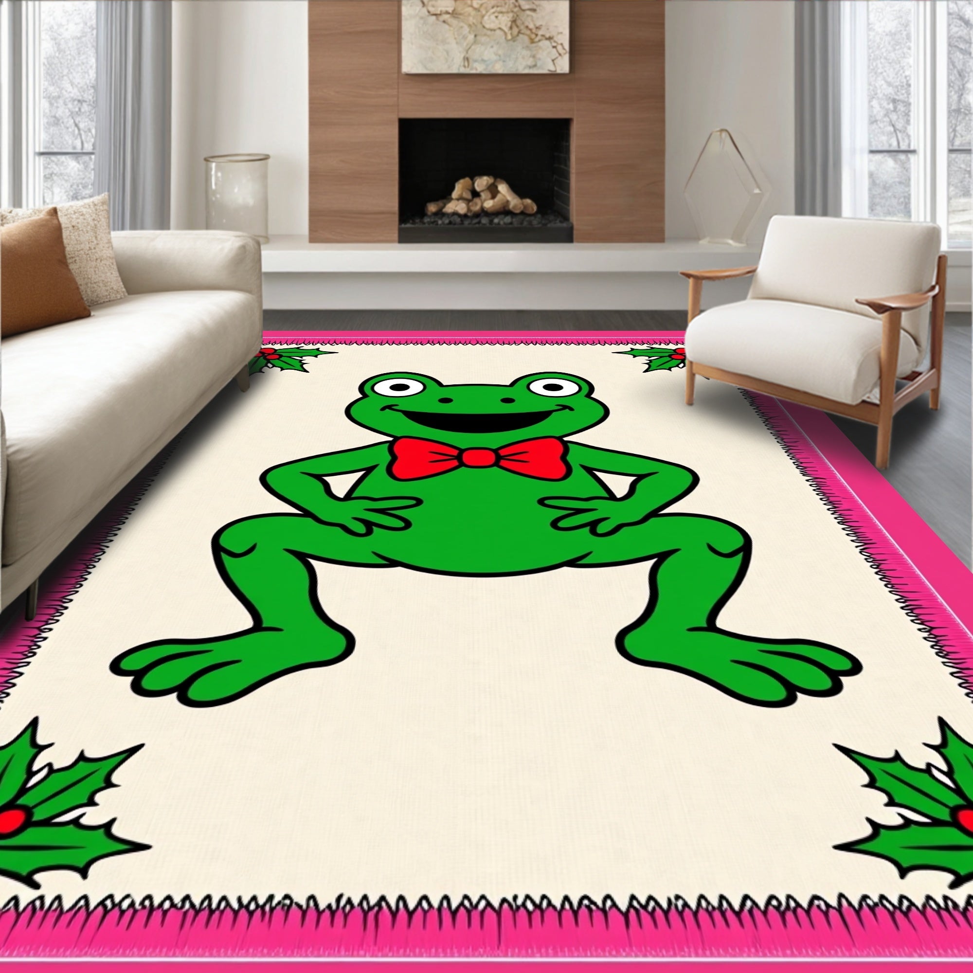 Cheerful Green Frog Red Bow Holly Rug