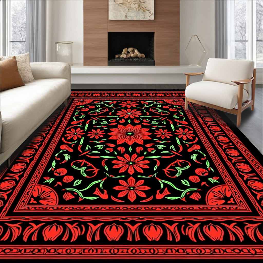 Bold Red Floral Garden Border Rug