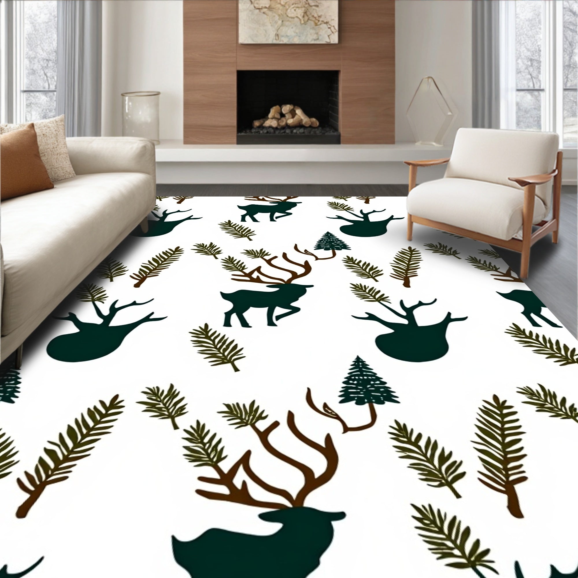 Dark Green Forest Woodland Deer Rug