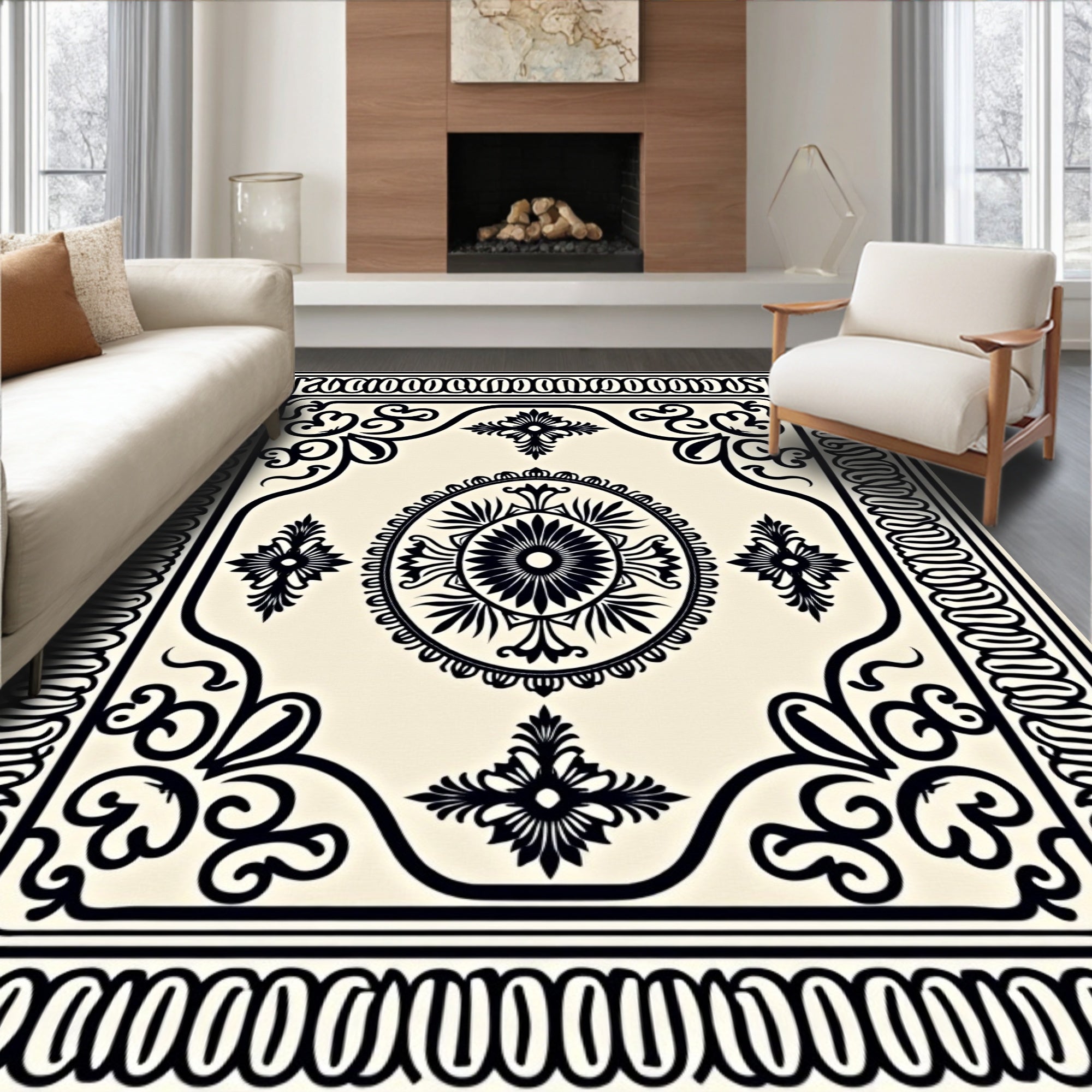 Black Ivory Ornate Floral Medallion Rug
