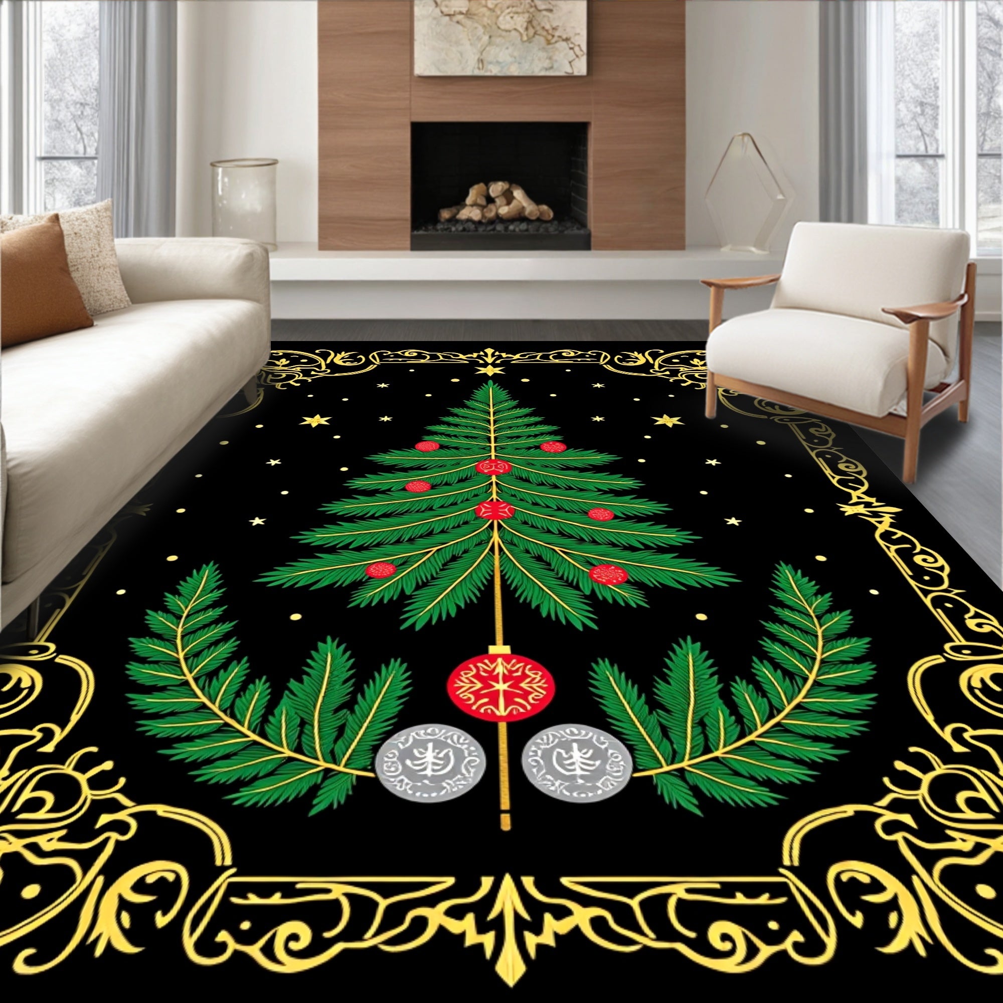 Ornate Black Christmas Tree Garland Rug