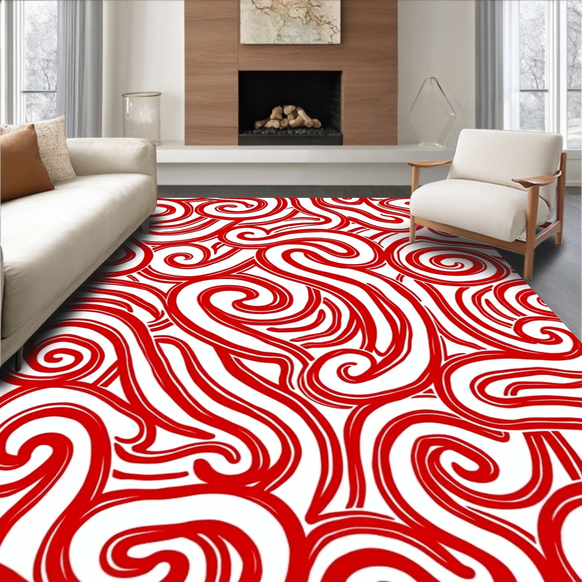 Vibrant Red Swirl Abstract Rug