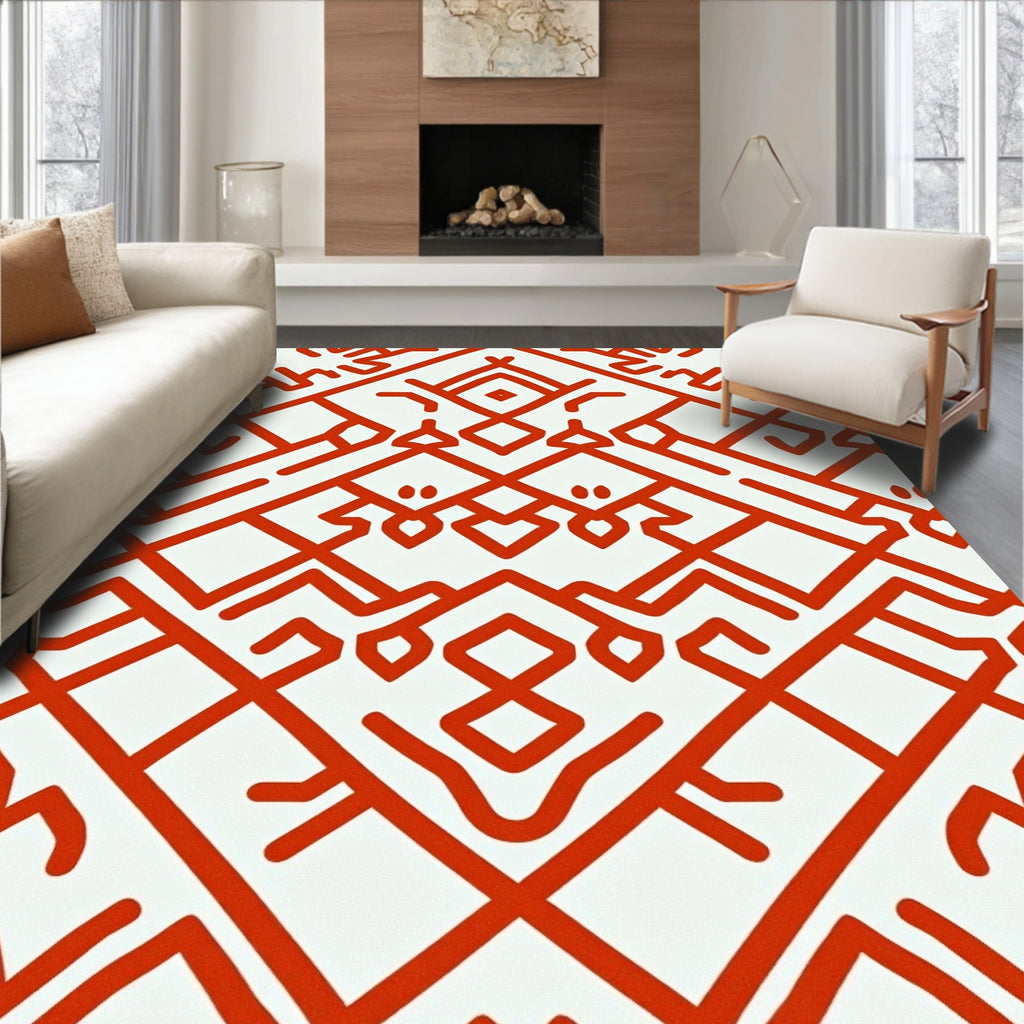 Bold Red Geometric Lattice Rug