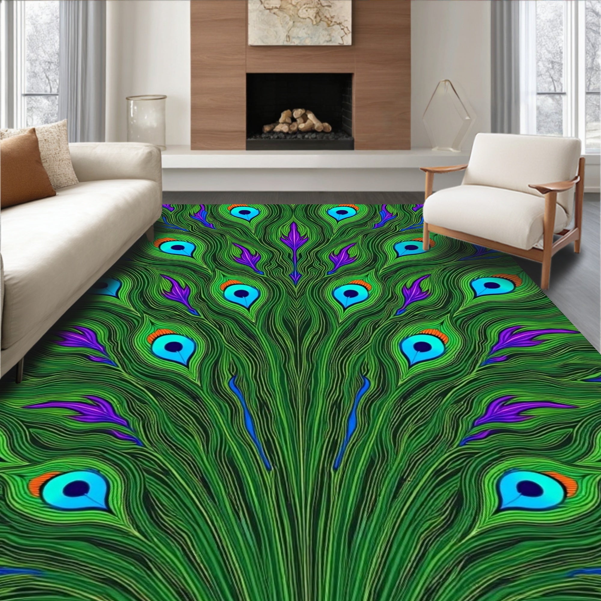 Emerald Peacock Feather Swirls Rug