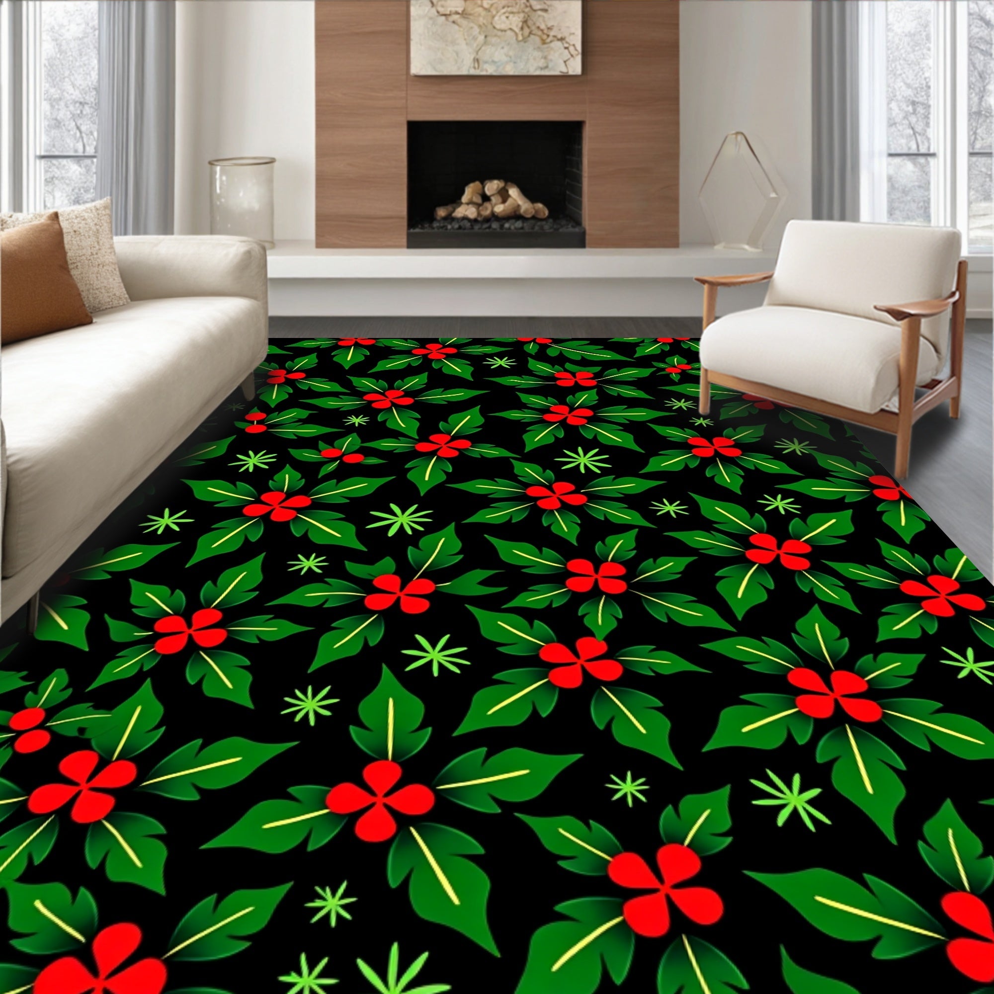 Festive Green Red Berry Foliage Rug