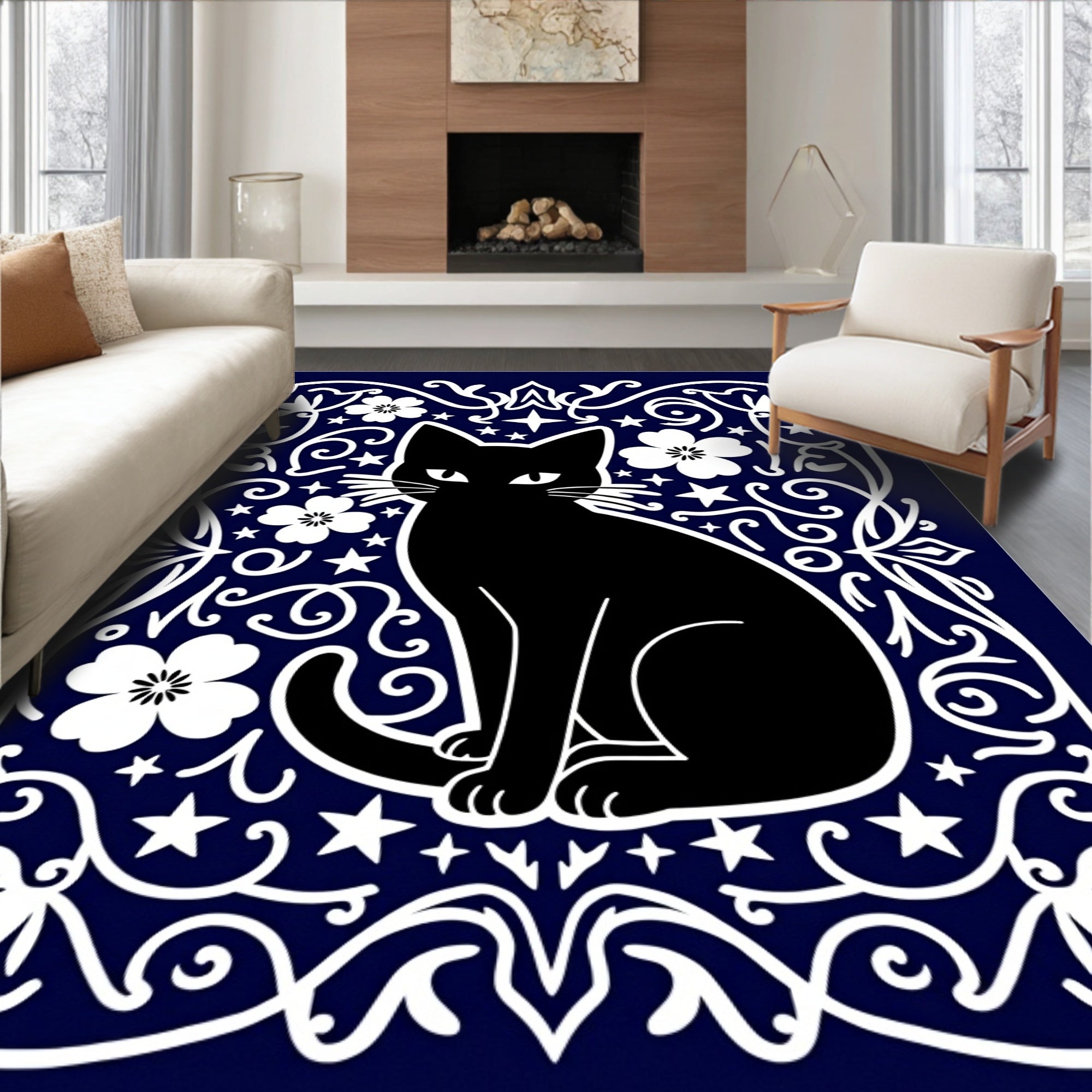 Mystical Black Cat Floral Whimsical Night Rug