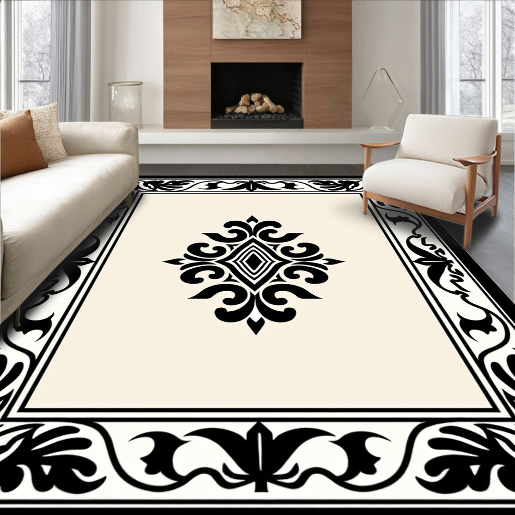 Classic Black and Cream Floral Centerpiece Rug