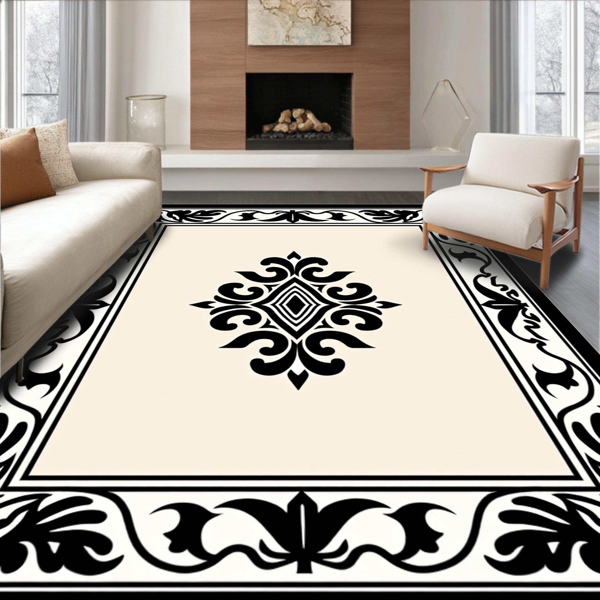Classic Black and Cream Floral Centerpiece Rug