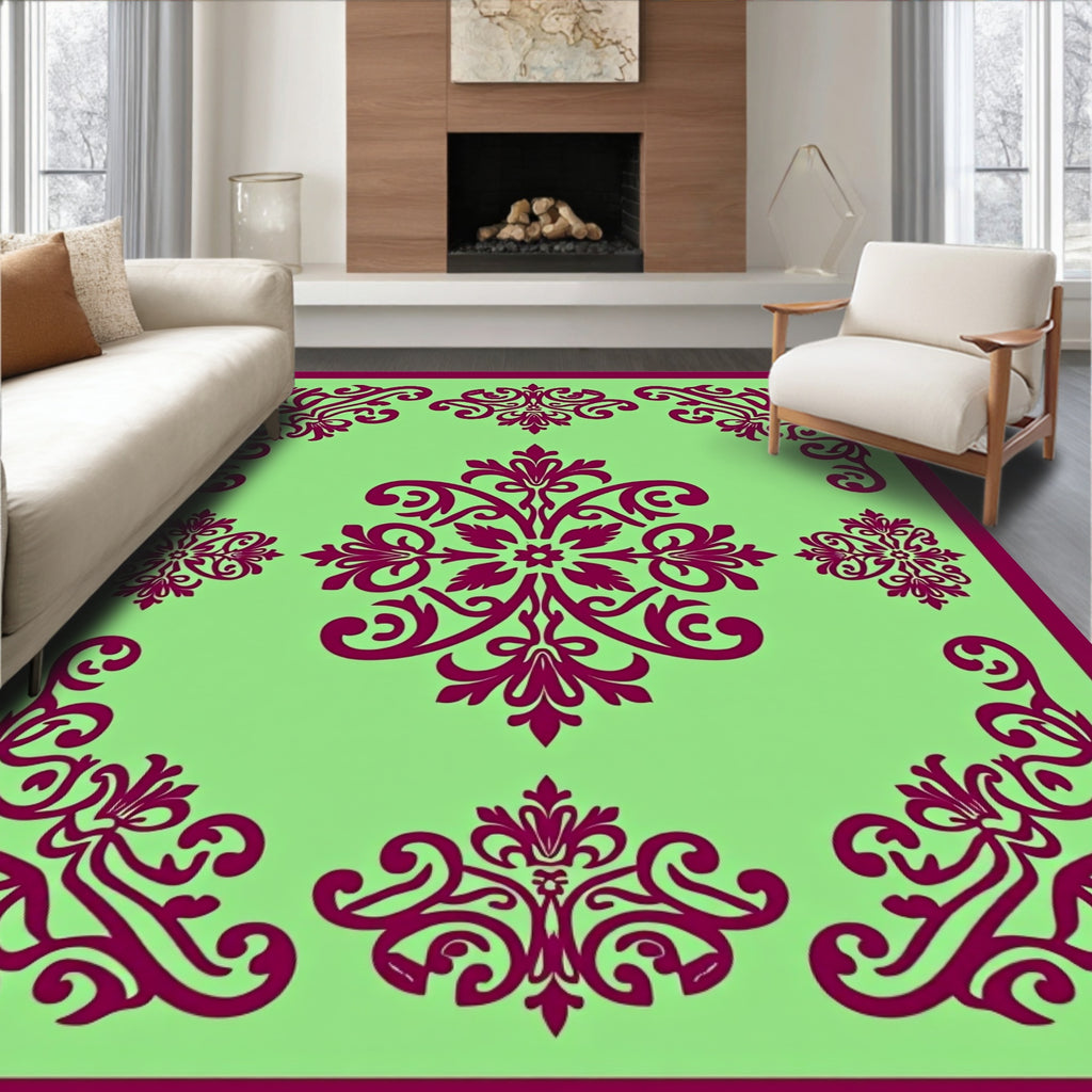 Burgundy Floral Medallion Light Green Rug