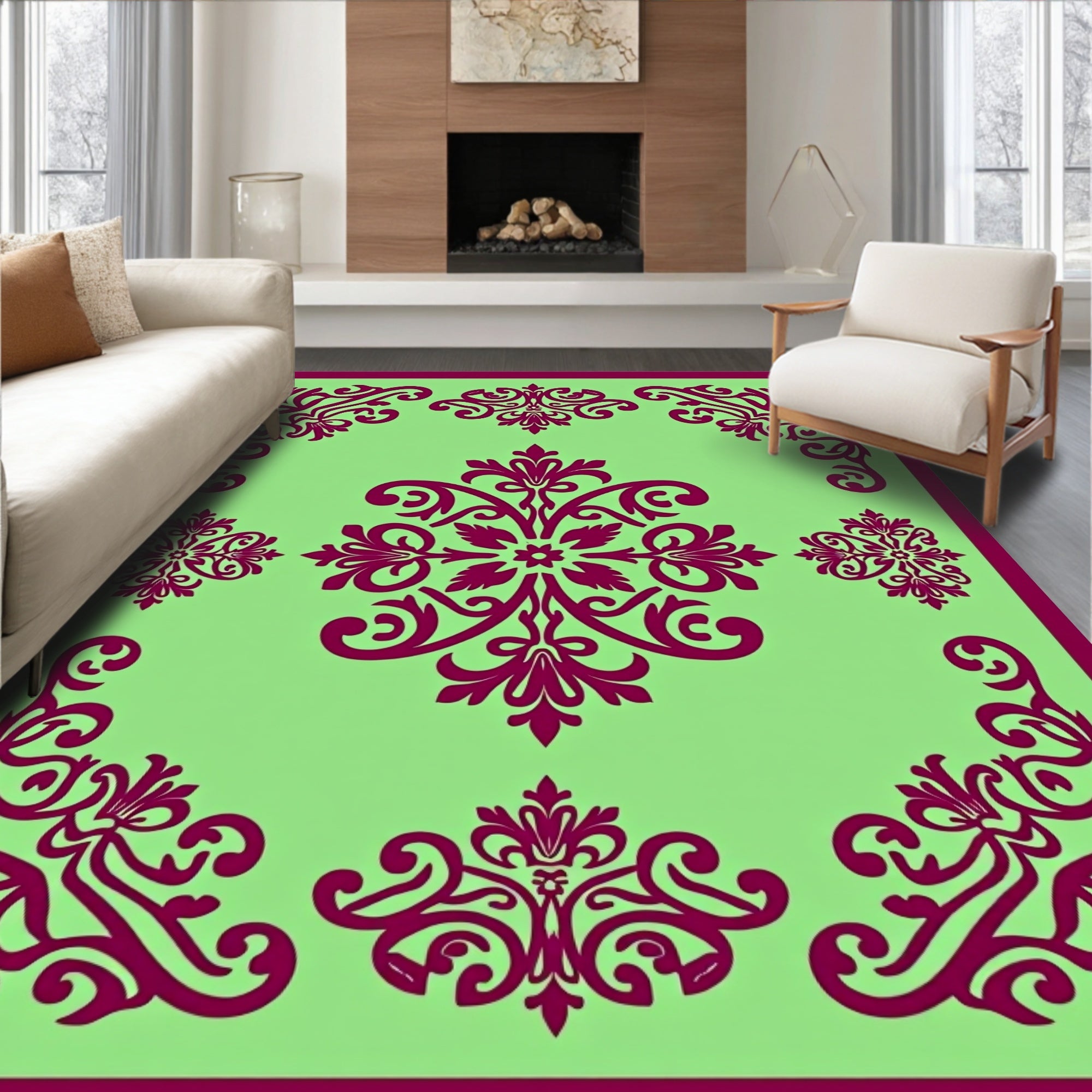 Burgundy Floral Medallion Light Green Rug