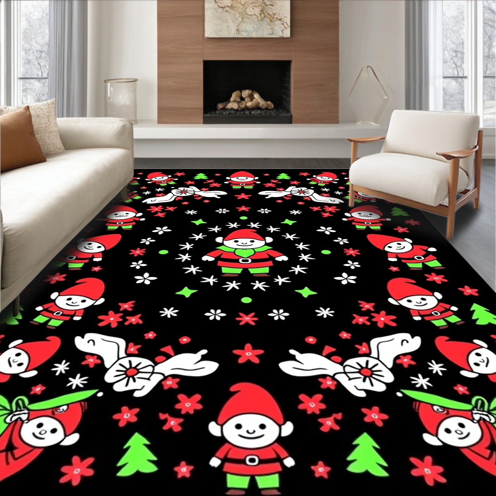 Whimsical Elf Christmas Black Floral Rug