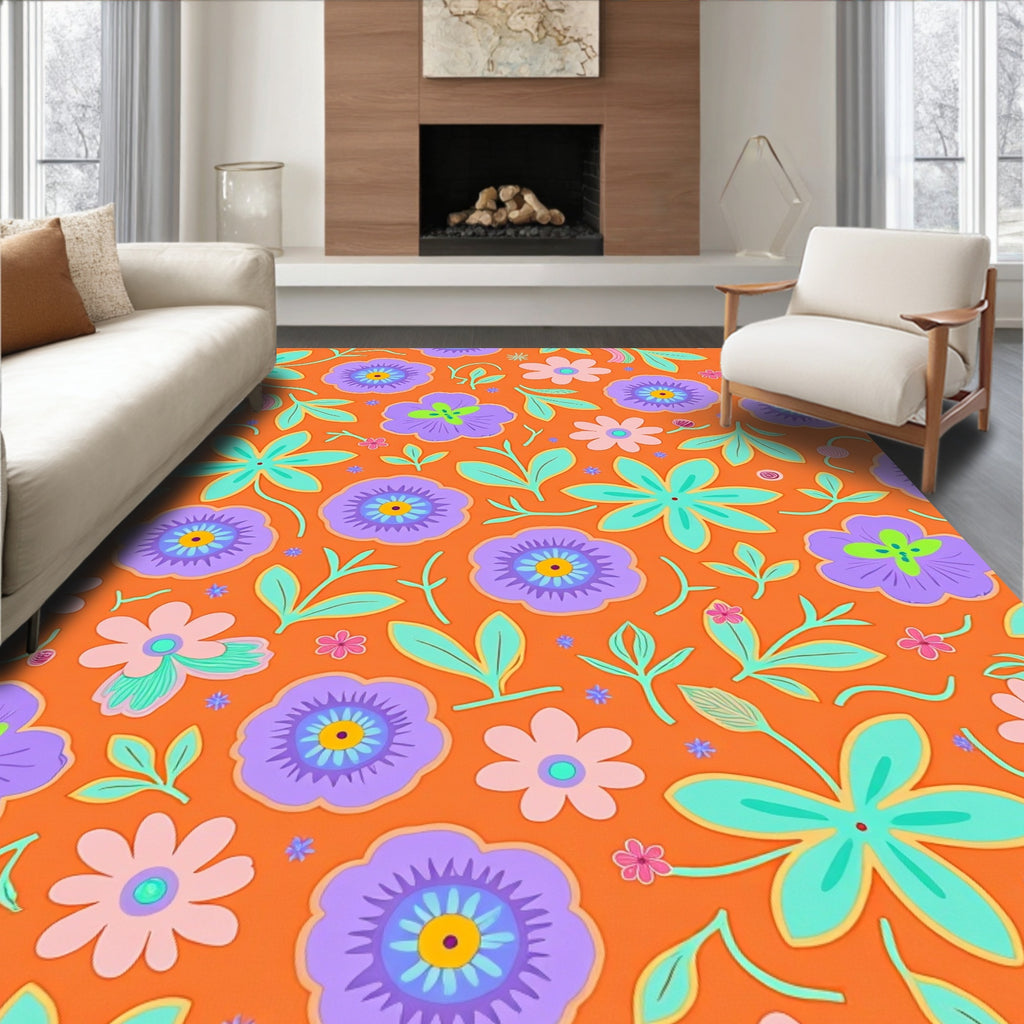 Retro Orange Floral Botanical Garden Rug
