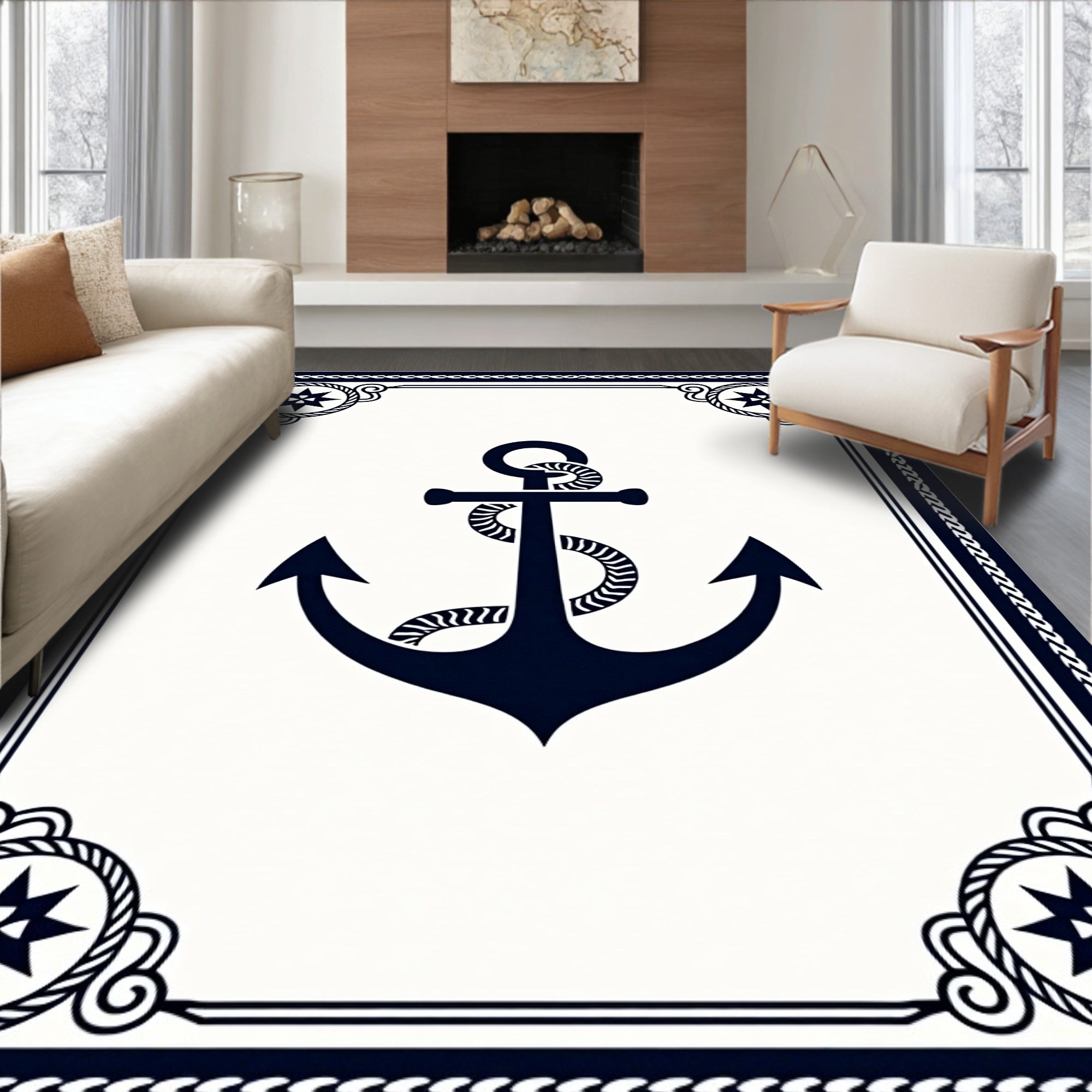 Navy Anchor Compass Rose Border Rug