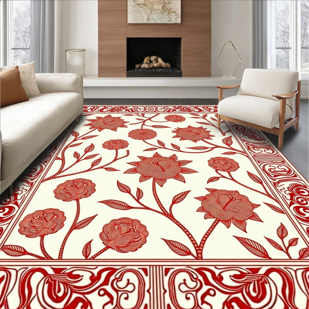 Scarlet Bloom Branch Border Field Rug