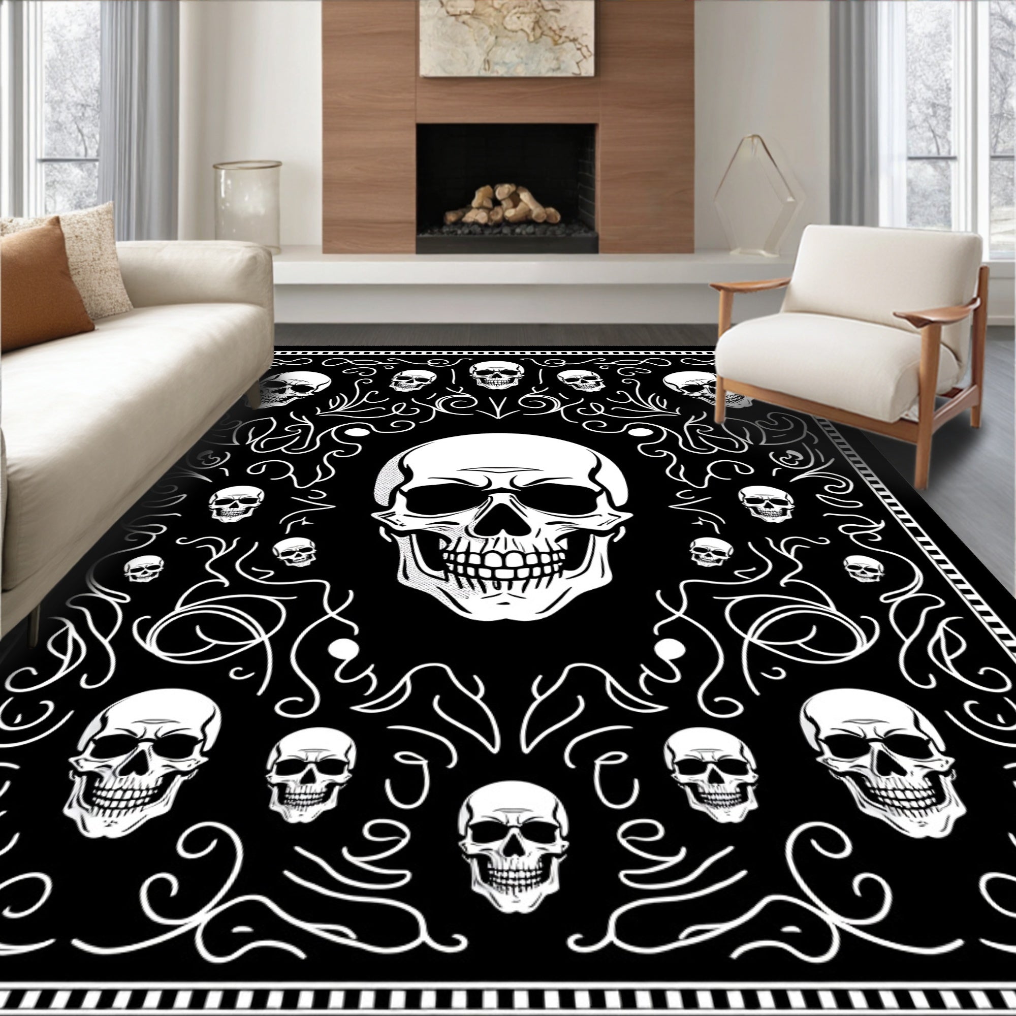 Black White Skull Bandana Swirl Rug