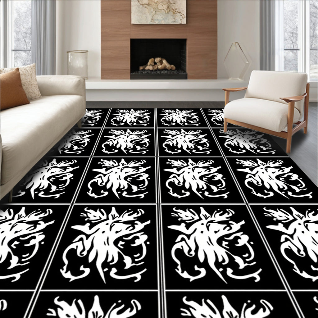 Black White Abstract Organic Swirls Rug
