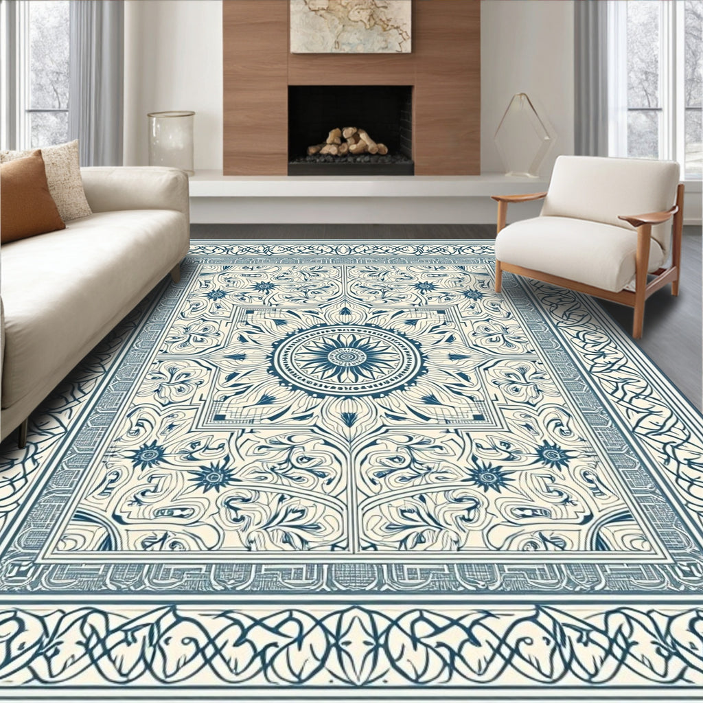 Ornate Blue Floral Medallion Cream Rug